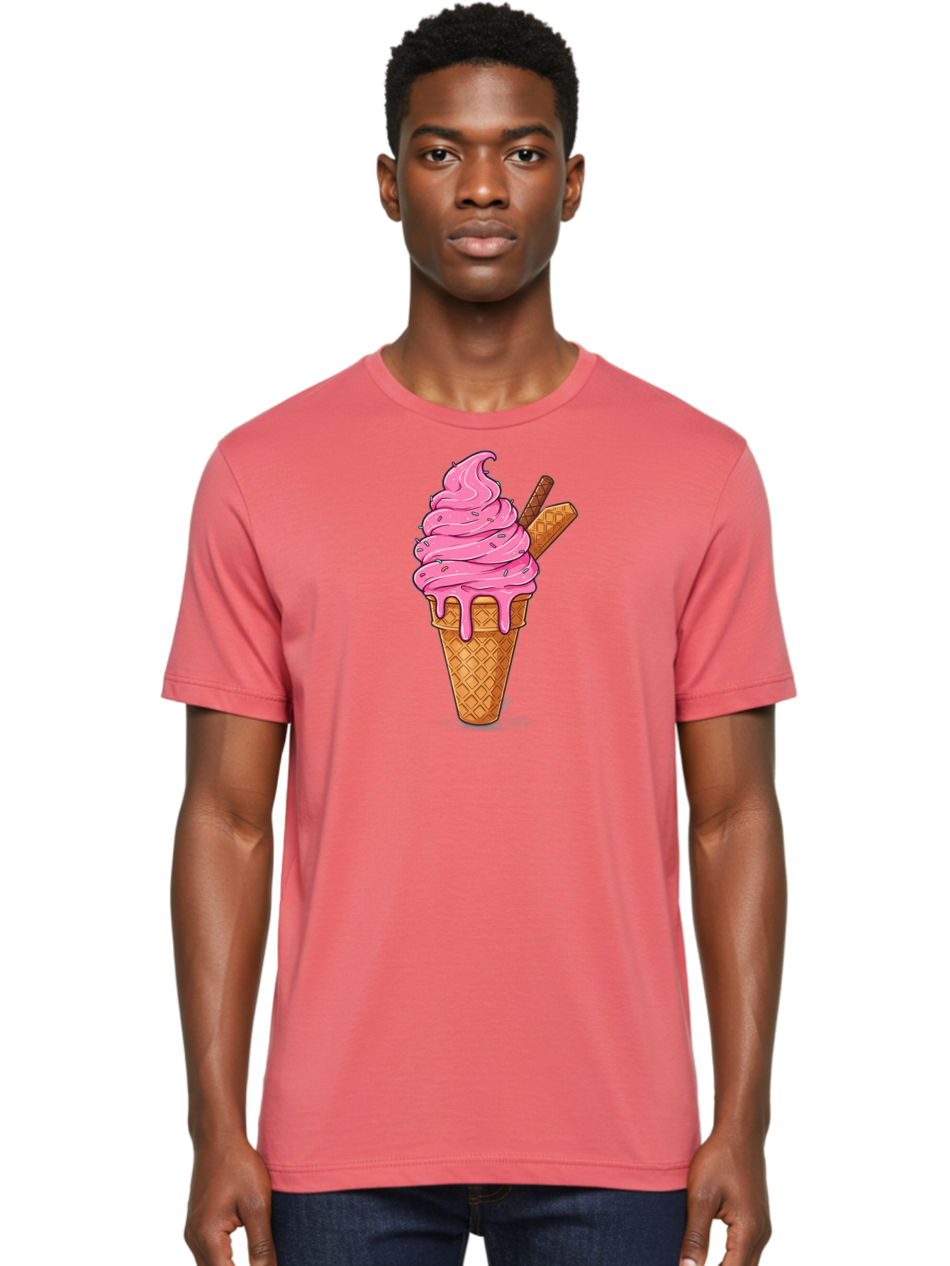 Pink-Ice-Cream-1 Men'S Graphic Tee, 100% Cotton, Comfortable Casual Summer Wear, Machine Washable, Pink Ice Cream Cone, Melting Ice Cream, Waffle Cone, Sprinkles, Wafer Sticks, Sweet Treats, Dessert, Ice Cream Lover, Cartoon Style, Tasty, Bab168