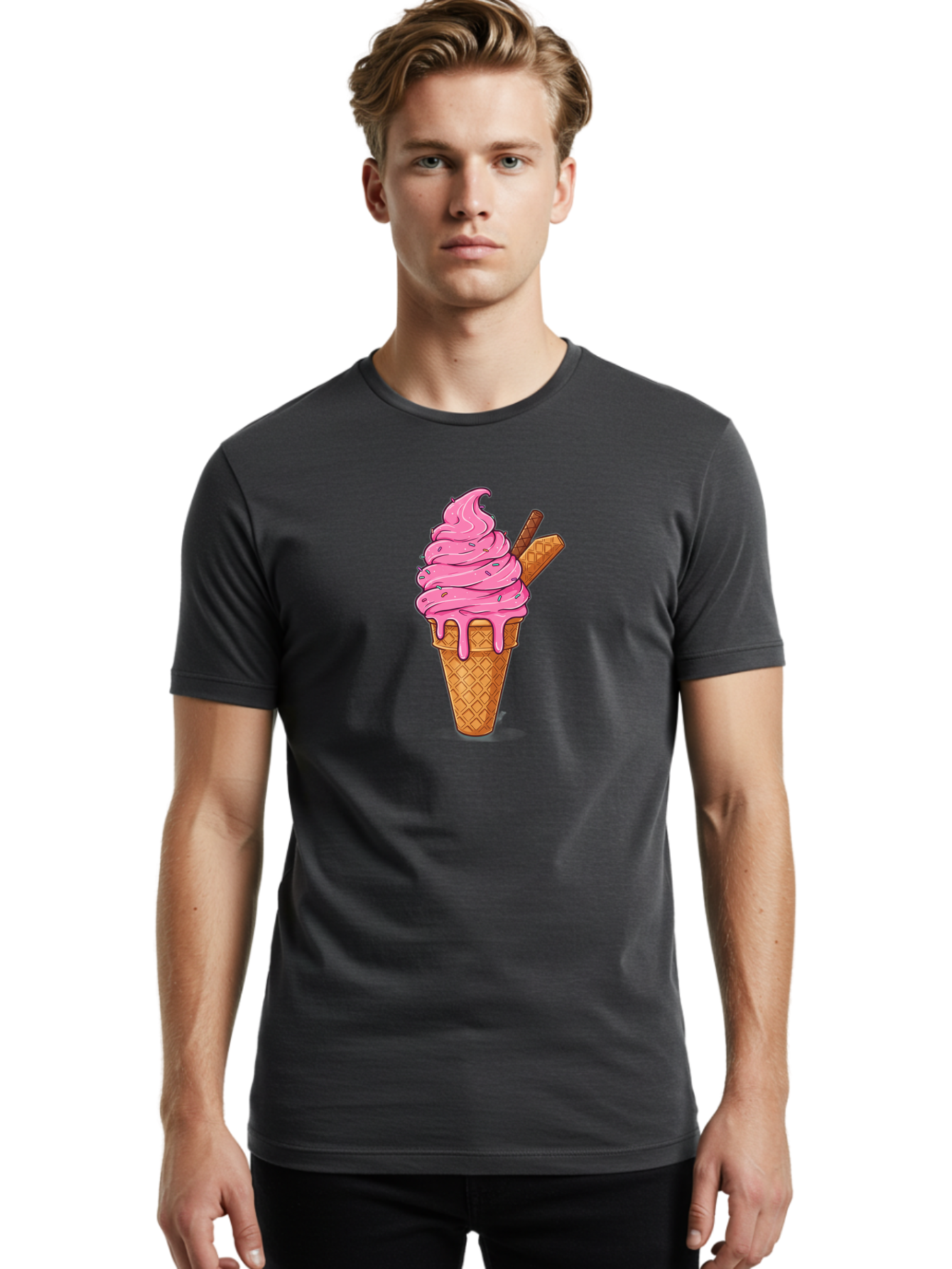 Pink-Ice-Cream-1 Men'S Graphic Tee, 100% Cotton, Comfortable Casual Summer Wear, Machine Washable, Pink Ice Cream Cone, Melting Ice Cream, Waffle Cone, Sprinkles, Wafer Sticks, Sweet Treats, Dessert, Ice Cream Lover, Cartoon Style, Tasty, Bab168