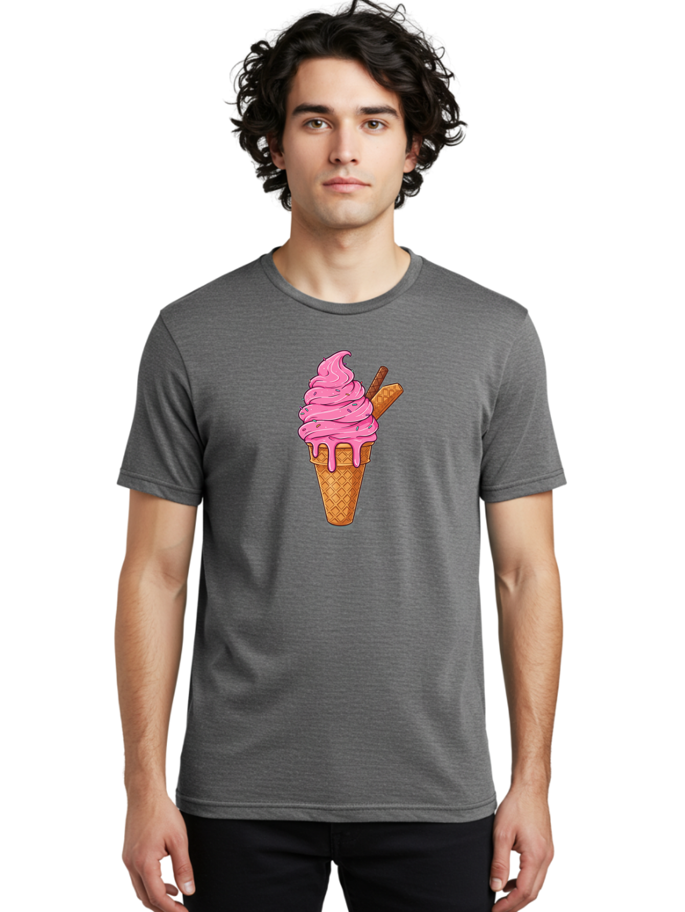 Pink-Ice-Cream-1 Men'S Graphic Tee, 100% Cotton, Comfortable Casual Summer Wear, Machine Washable, Pink Ice Cream Cone, Melting Ice Cream, Waffle Cone, Sprinkles, Wafer Sticks, Sweet Treats, Dessert, Ice Cream Lover, Cartoon Style, Tasty, Bab168