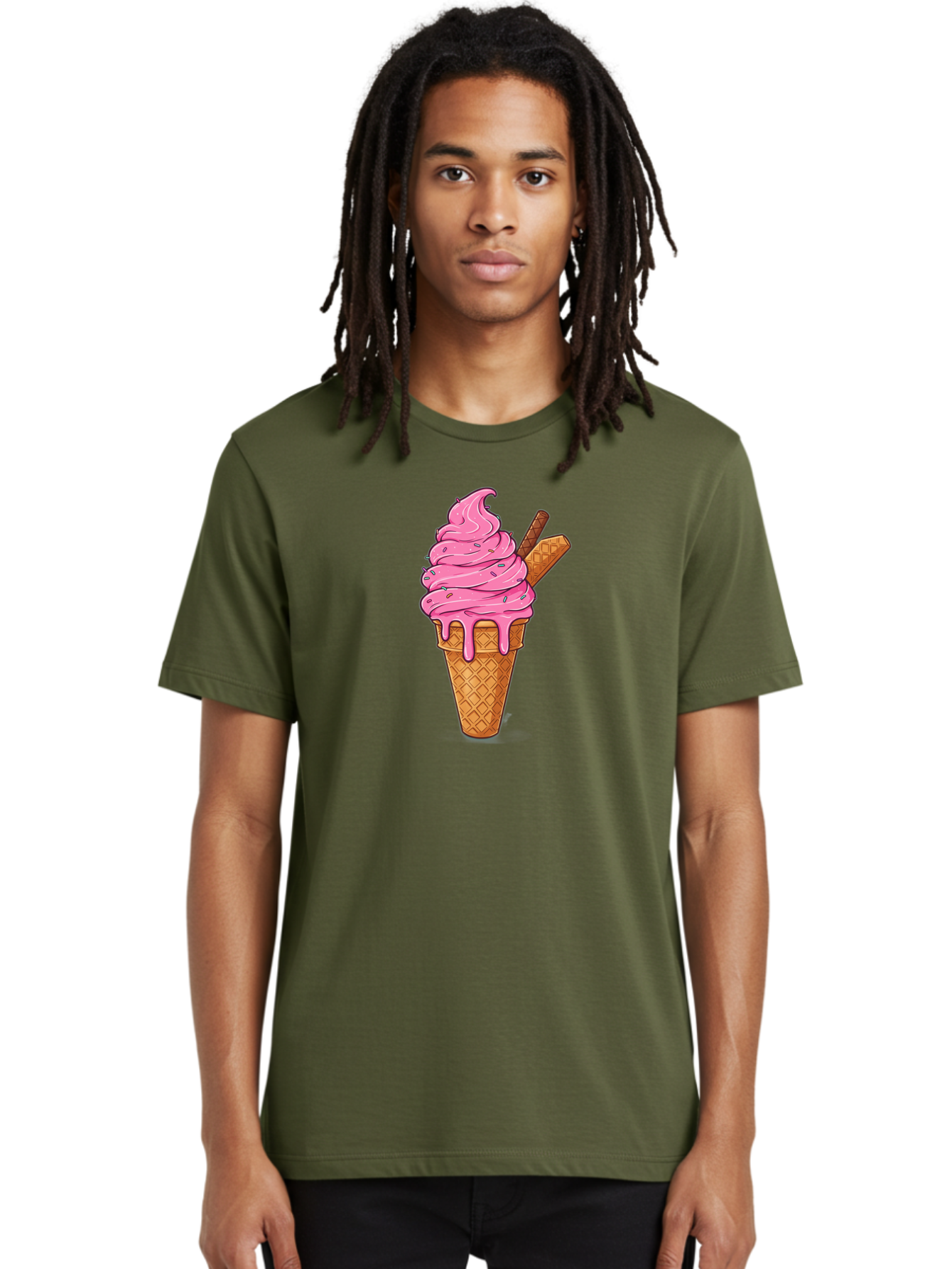 Pink-Ice-Cream-1 Men'S Graphic Tee, 100% Cotton, Comfortable Casual Summer Wear, Machine Washable, Pink Ice Cream Cone, Melting Ice Cream, Waffle Cone, Sprinkles, Wafer Sticks, Sweet Treats, Dessert, Ice Cream Lover, Cartoon Style, Tasty, Bab168
