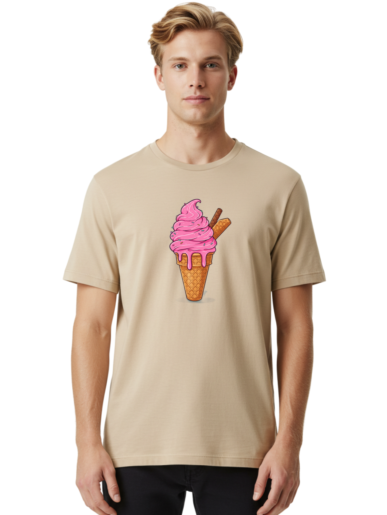 Pink-Ice-Cream-1 Men'S Graphic Tee, 100% Cotton, Comfortable Casual Summer Wear, Machine Washable, Pink Ice Cream Cone, Melting Ice Cream, Waffle Cone, Sprinkles, Wafer Sticks, Sweet Treats, Dessert, Ice Cream Lover, Cartoon Style, Tasty, Bab168