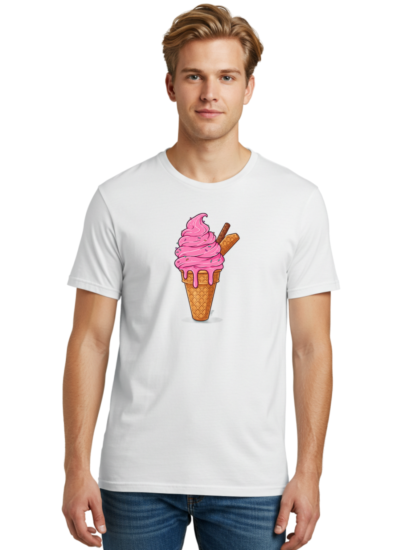 Pink-Ice-Cream-1 Men'S Graphic Tee, 100% Cotton, Comfortable Casual Summer Wear, Machine Washable, Pink Ice Cream Cone, Melting Ice Cream, Waffle Cone, Sprinkles, Wafer Sticks, Sweet Treats, Dessert, Ice Cream Lover, Cartoon Style, Tasty, Bab168