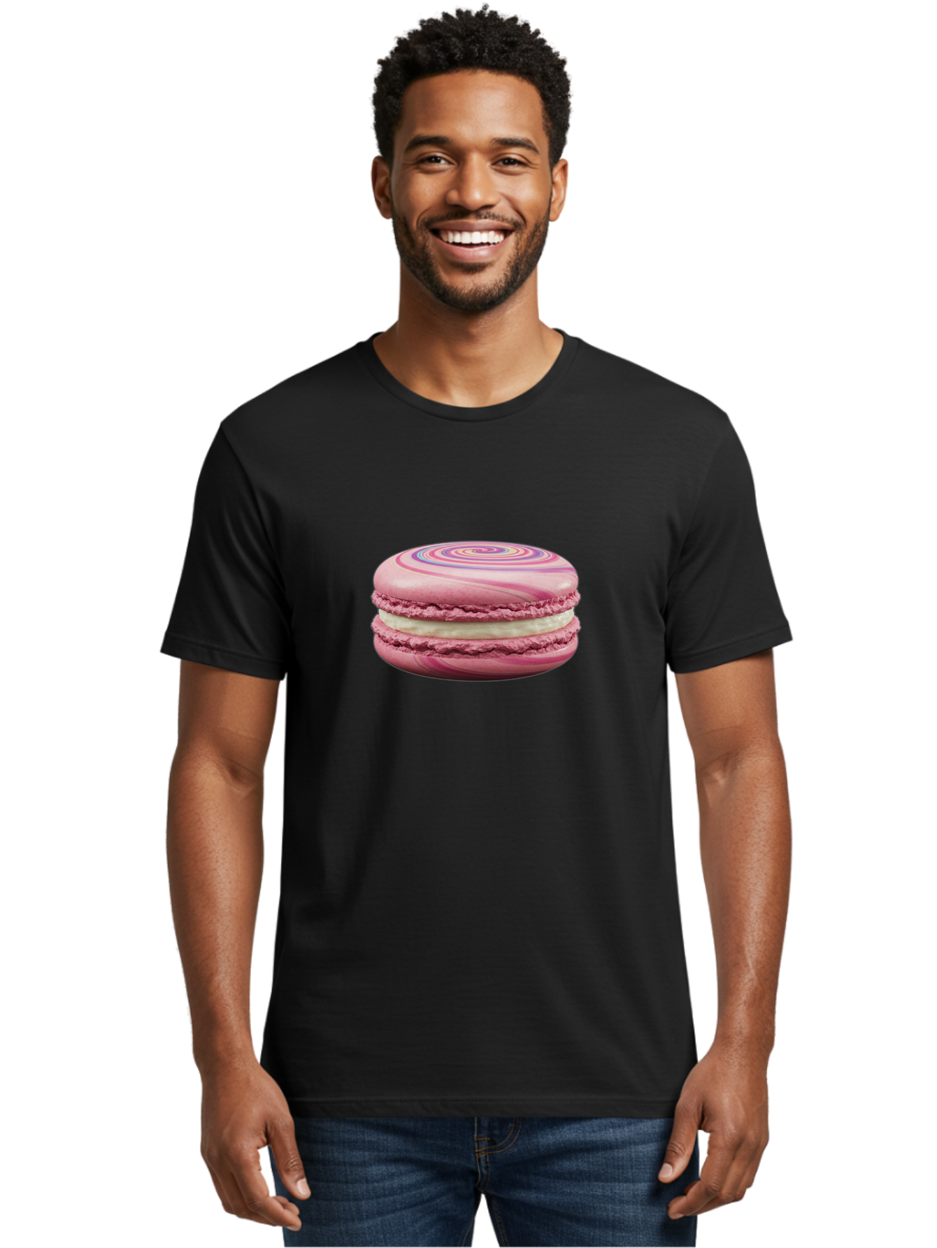 Pink-Macaron-1 Men'S Graphic Tee, 100% Cotton, Comfortable Casual Summer Wear, Machine Washable, Pink Macaron, Swirly Design, White Filling, French Dessert, Sweet Treat, Meringue-Based Cookie, Pastel Colors, Bakery Item, Dessert Lover, Foodie Bab173
