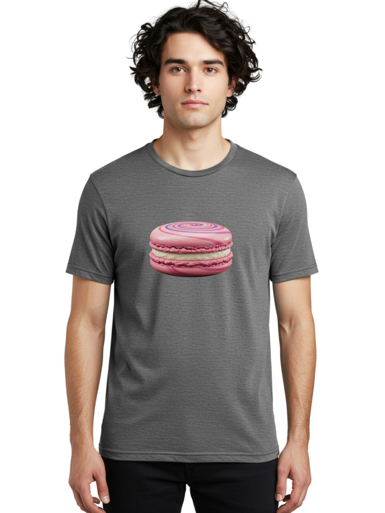 Pink-Macaron-1 Men'S Graphic Tee, 100% Cotton, Comfortable Casual Summer Wear, Machine Washable, Pink Macaron, Swirly Design, White Filling, French Dessert, Sweet Treat, Meringue-Based Cookie, Pastel Colors, Bakery Item, Dessert Lover, Foodie Bab173