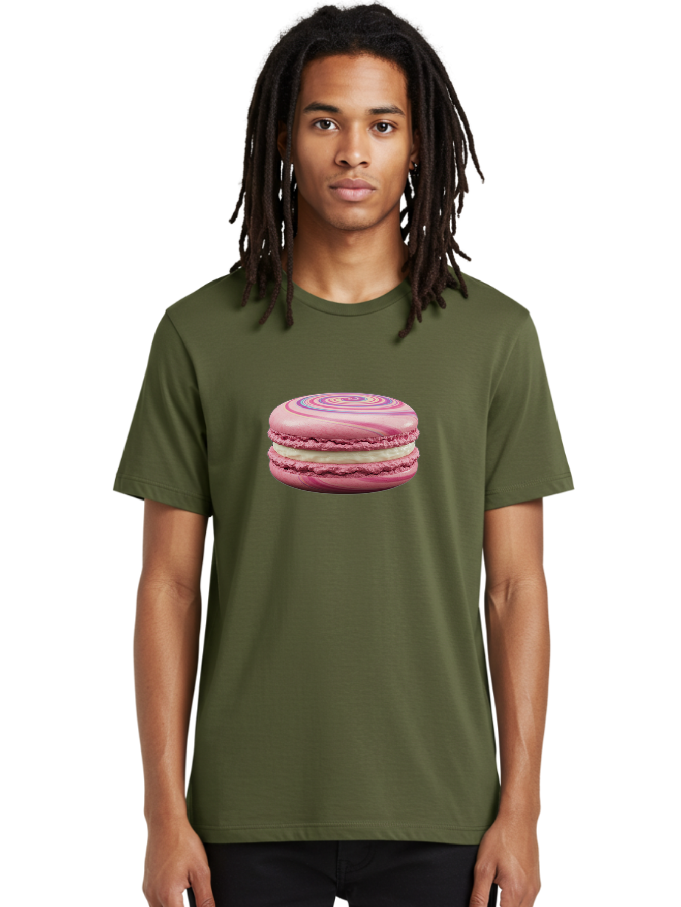 Pink-Macaron-1 Men'S Graphic Tee, 100% Cotton, Comfortable Casual Summer Wear, Machine Washable, Pink Macaron, Swirly Design, White Filling, French Dessert, Sweet Treat, Meringue-Based Cookie, Pastel Colors, Bakery Item, Dessert Lover, Foodie Bab173