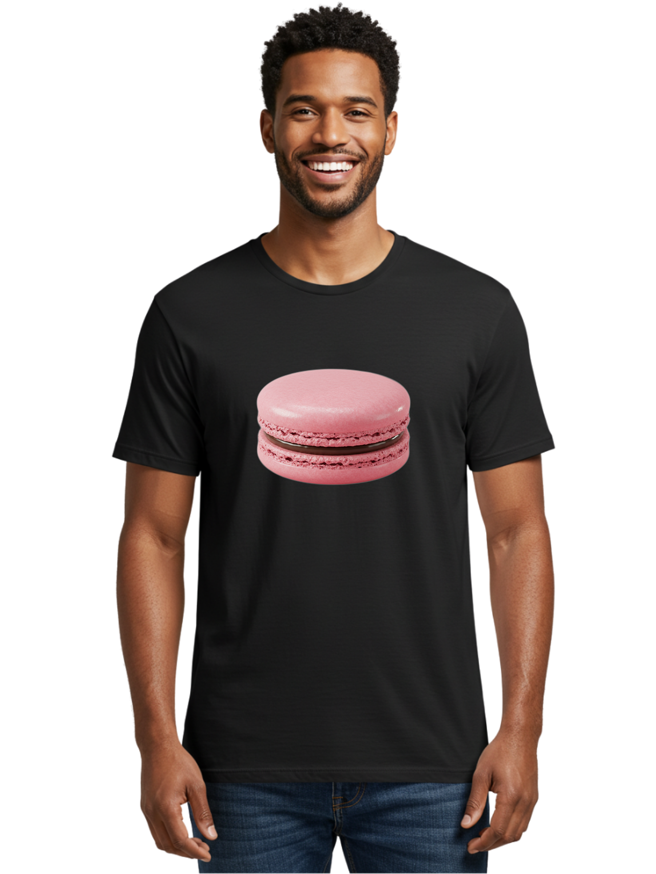 Pink-Macaron-2 Men'S Graphic Tee, 100% Cotton, Comfortable Casual Summer Wear, Machine Washable, Pink Macaroon, Chocolate Filling, Sweet Treat, Dessert, French Patisserie, Delicate Meringue, Gourmet Snack, Macaroon Texture, Pink Color Bab174