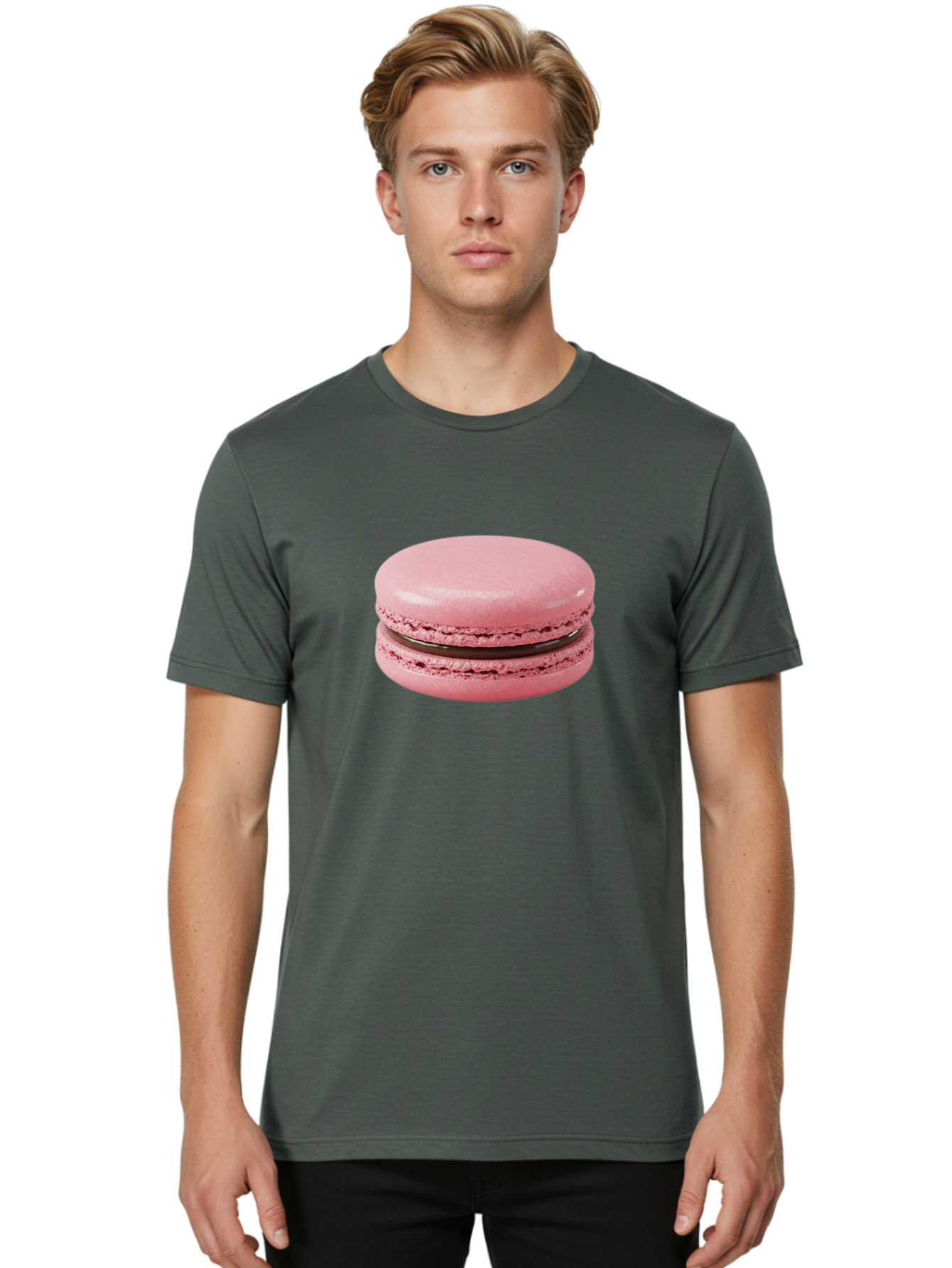 Pink-Macaron-2 Men'S Graphic Tee, 100% Cotton, Comfortable Casual Summer Wear, Machine Washable, Pink Macaroon, Chocolate Filling, Sweet Treat, Dessert, French Patisserie, Delicate Meringue, Gourmet Snack, Macaroon Texture, Pink Color Bab174
