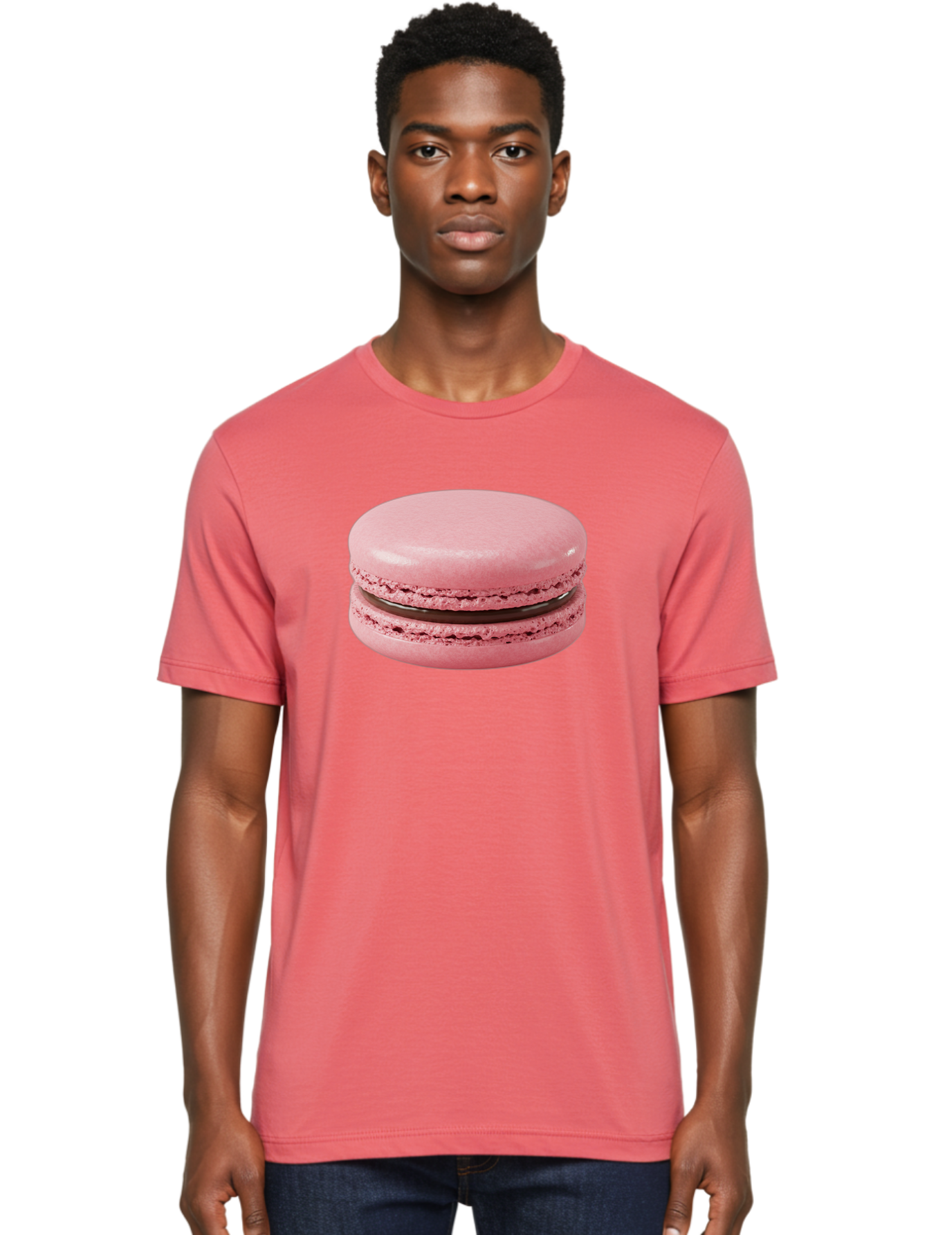 Pink-Macaron-2 Men'S Graphic Tee, 100% Cotton, Comfortable Casual Summer Wear, Machine Washable, Pink Macaroon, Chocolate Filling, Sweet Treat, Dessert, French Patisserie, Delicate Meringue, Gourmet Snack, Macaroon Texture, Pink Color Bab174