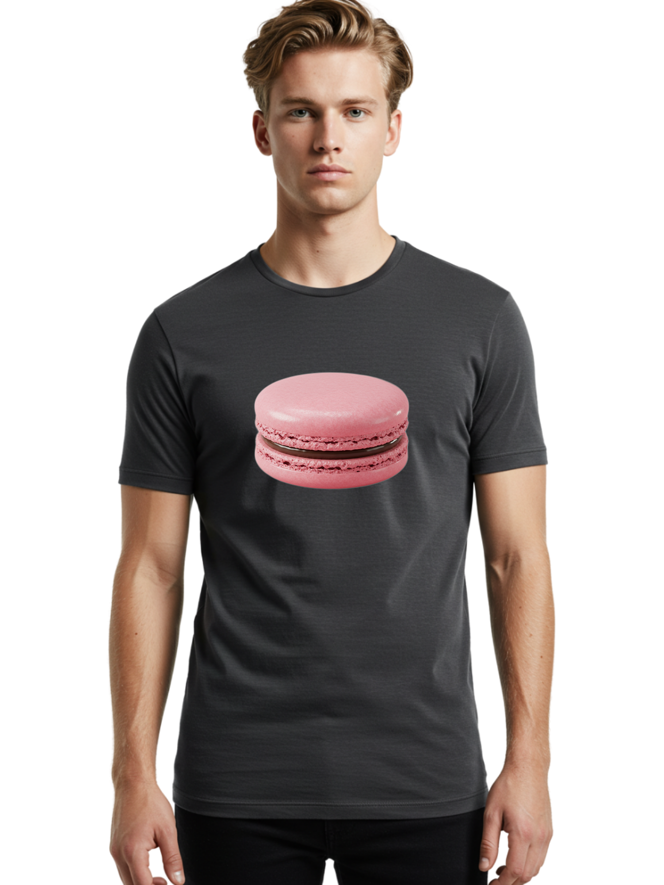 Pink-Macaron-2 Men'S Graphic Tee, 100% Cotton, Comfortable Casual Summer Wear, Machine Washable, Pink Macaroon, Chocolate Filling, Sweet Treat, Dessert, French Patisserie, Delicate Meringue, Gourmet Snack, Macaroon Texture, Pink Color Bab174
