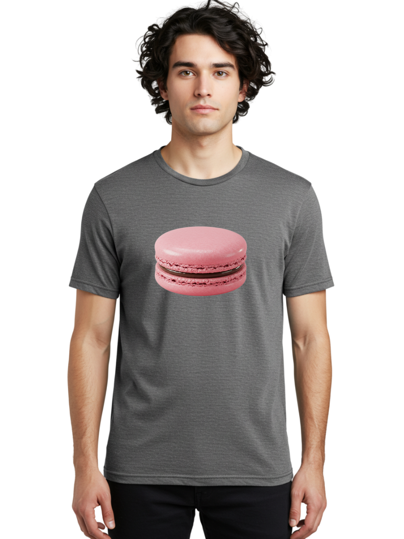 Pink-Macaron-2 Men'S Graphic Tee, 100% Cotton, Comfortable Casual Summer Wear, Machine Washable, Pink Macaroon, Chocolate Filling, Sweet Treat, Dessert, French Patisserie, Delicate Meringue, Gourmet Snack, Macaroon Texture, Pink Color Bab174