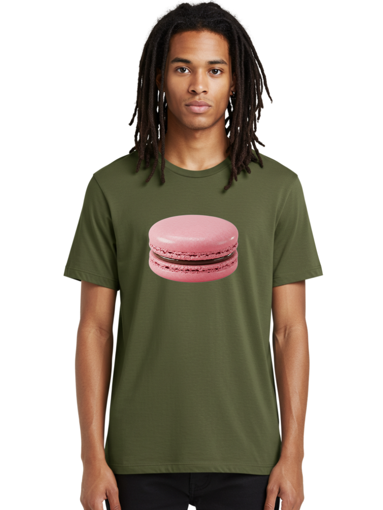 Pink-Macaron-2 Men'S Graphic Tee, 100% Cotton, Comfortable Casual Summer Wear, Machine Washable, Pink Macaroon, Chocolate Filling, Sweet Treat, Dessert, French Patisserie, Delicate Meringue, Gourmet Snack, Macaroon Texture, Pink Color Bab174