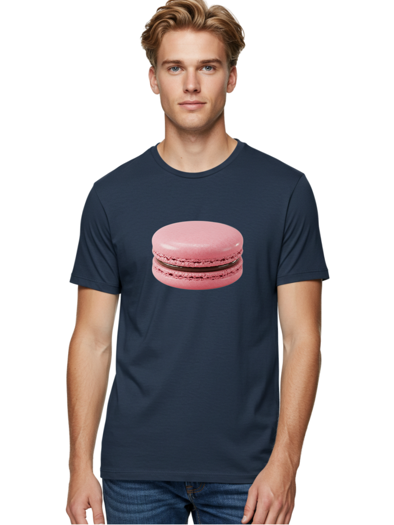 Pink-Macaron-2 Men'S Graphic Tee, 100% Cotton, Comfortable Casual Summer Wear, Machine Washable, Pink Macaroon, Chocolate Filling, Sweet Treat, Dessert, French Patisserie, Delicate Meringue, Gourmet Snack, Macaroon Texture, Pink Color Bab174