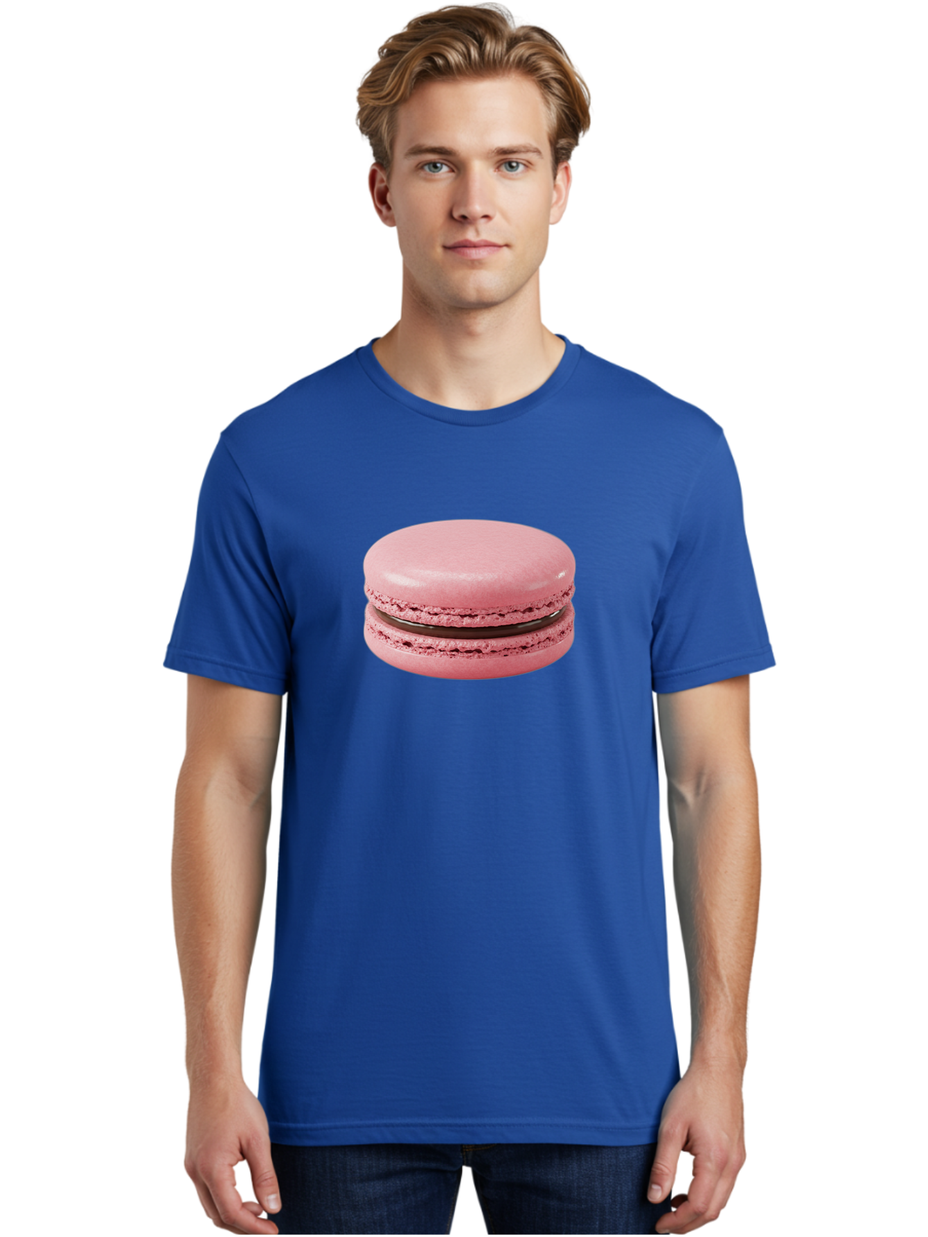 Pink-Macaron-2 Men'S Graphic Tee, 100% Cotton, Comfortable Casual Summer Wear, Machine Washable, Pink Macaroon, Chocolate Filling, Sweet Treat, Dessert, French Patisserie, Delicate Meringue, Gourmet Snack, Macaroon Texture, Pink Color Bab174