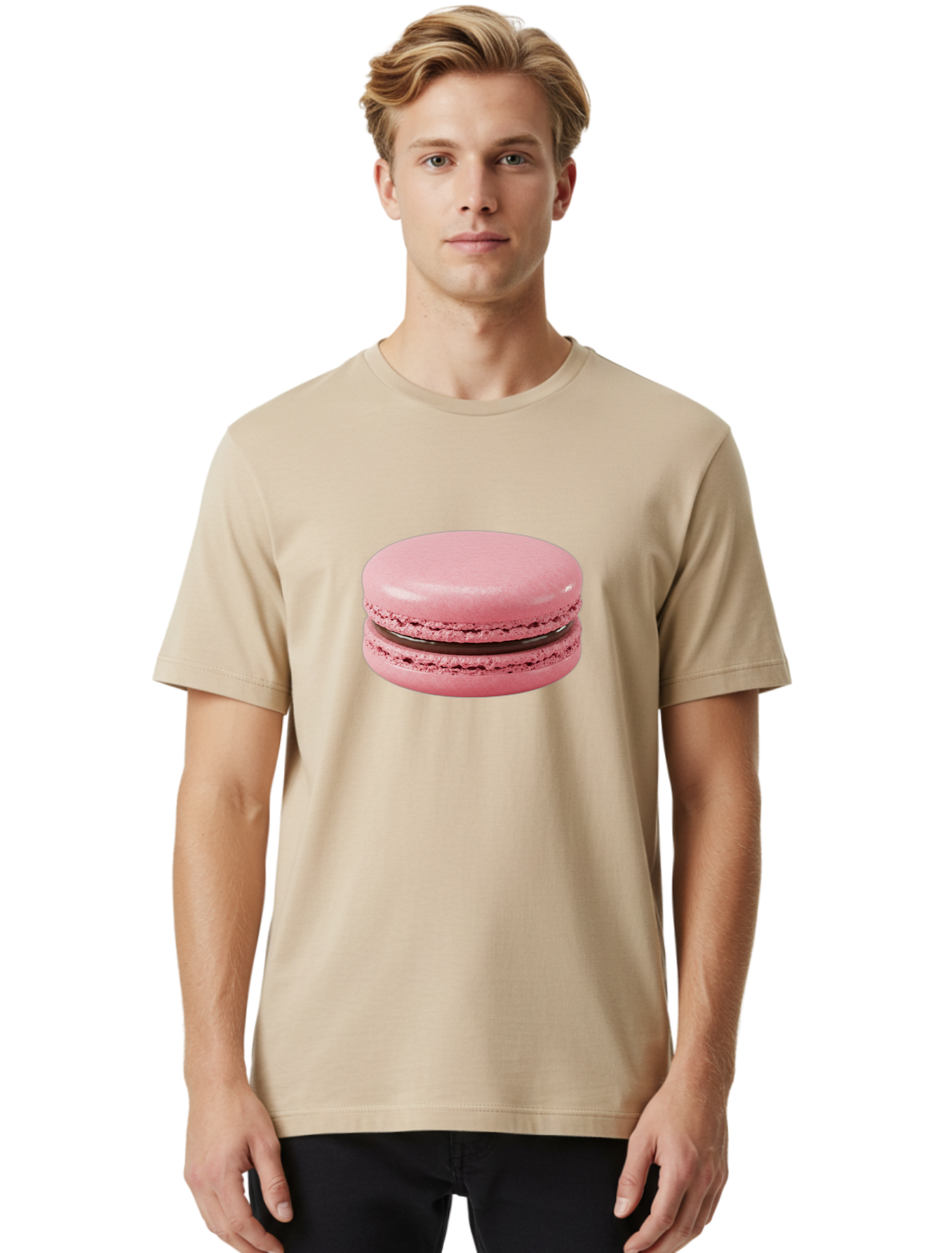 Pink-Macaron-2 Men'S Graphic Tee, 100% Cotton, Comfortable Casual Summer Wear, Machine Washable, Pink Macaroon, Chocolate Filling, Sweet Treat, Dessert, French Patisserie, Delicate Meringue, Gourmet Snack, Macaroon Texture, Pink Color Bab174