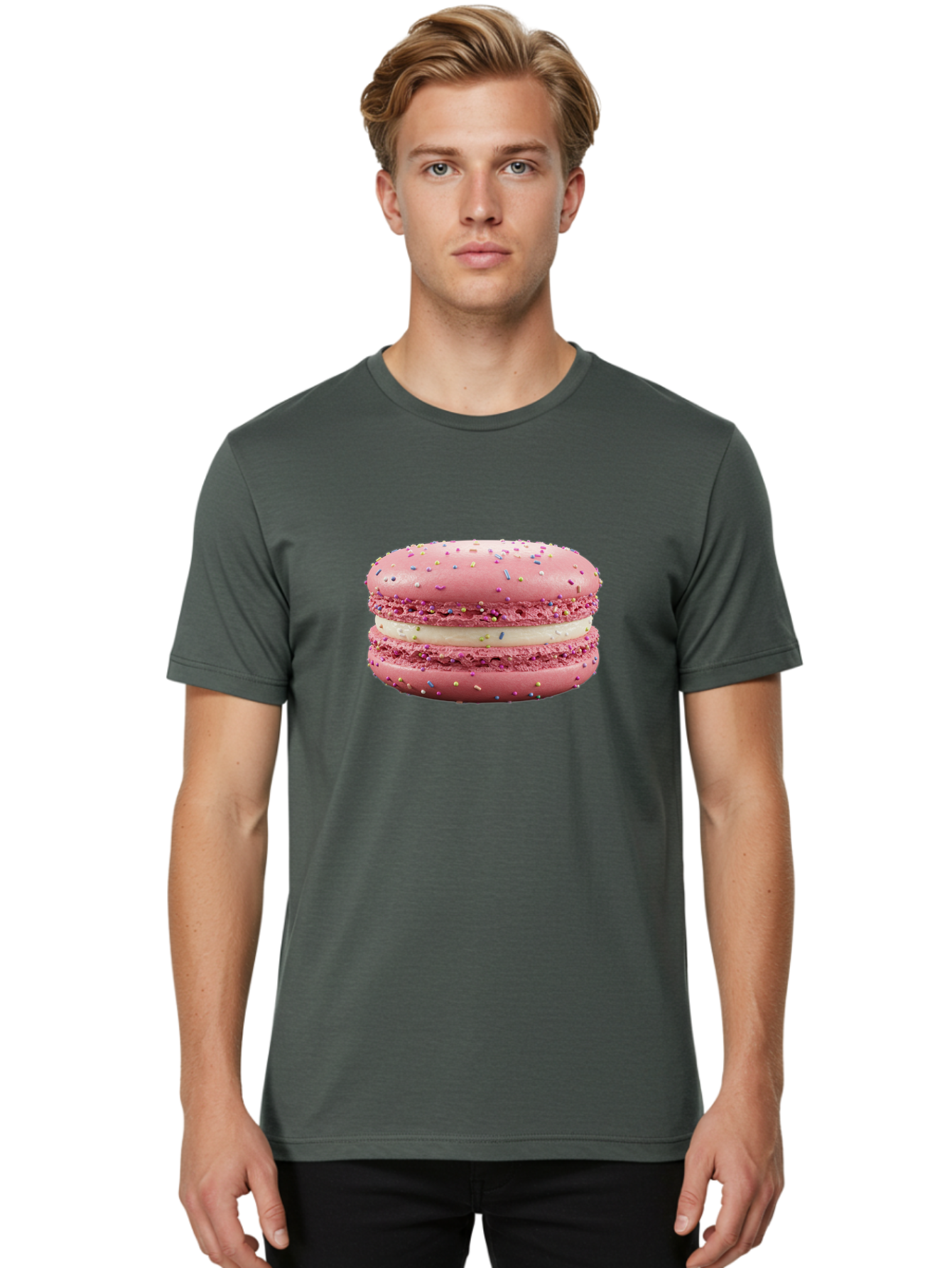 Pink-Macaron-8 Men'S Graphic Tee, 100% Cotton, Comfortable Casual Summer Wear, Machine Washable, Pink Macaron, French Dessert, Sweet Treats, Colorful Sprinkles, Creamy Filling, Pastel Colors, Delicious Pastry, Baked Goods, Dessert Lover Bab180