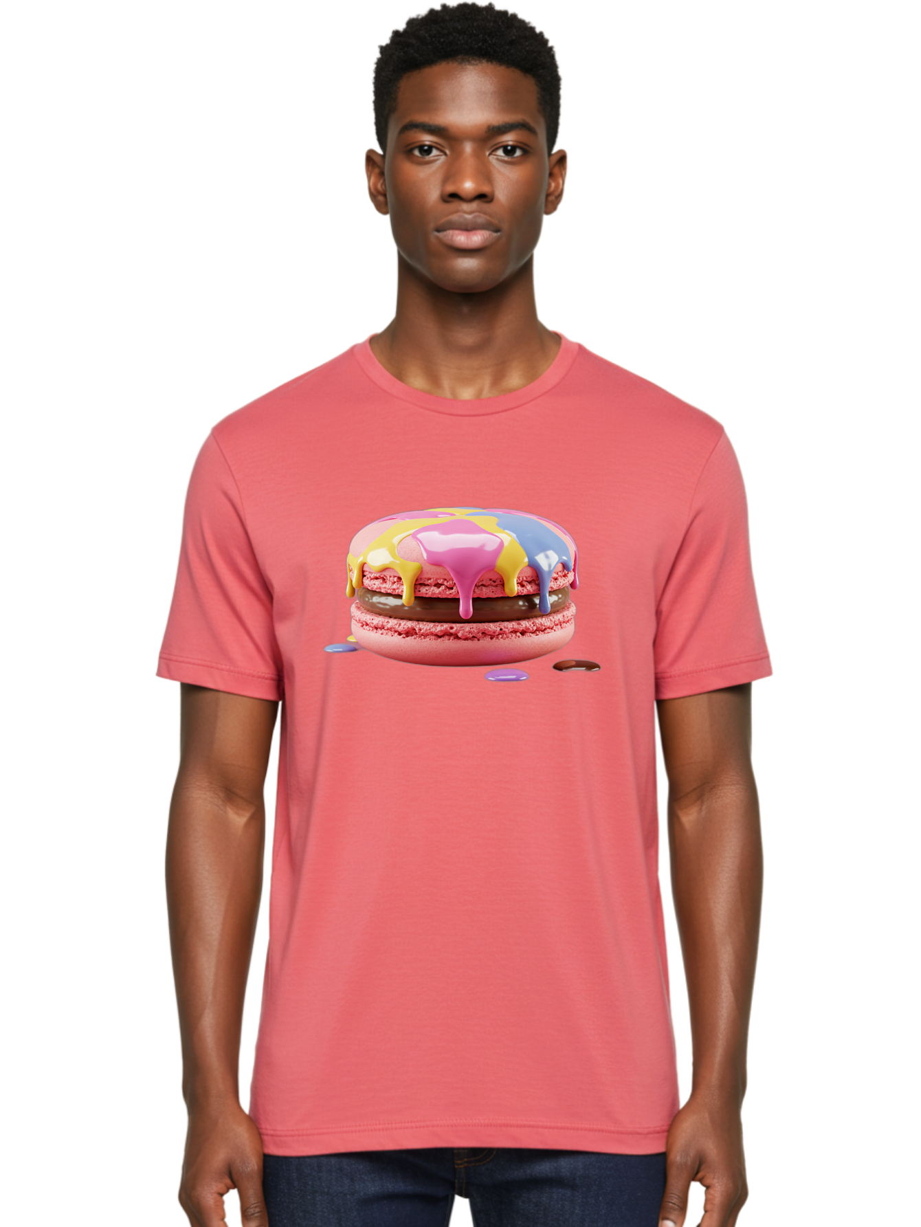 Pink-Macaron-9 Men'S Graphic Tee, 100% Cotton, Comfortable Casual Summer Wear, Machine Washable, Pink Macarons With Chocolate Ganache Filling, Pastel-Colored Icing, Colorful Dessert, Sweet Treats, Macaron Decorations, Dessert Art, Bab181