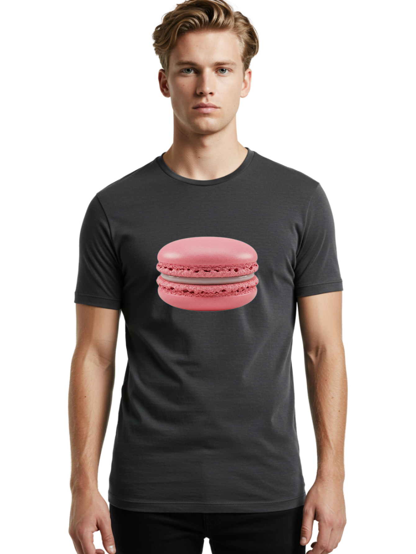 Pink-Macaron Men'S Graphic Tee, 100% Cotton, Comfortable Casual Summer Wear, Machine Washable, Pink Macaron, French Dessert, Meringue-Based Cookie, Creamy Filling, Sweet Treat, Delicate Texture, Pastel Colors, Bakery Delight Bab183