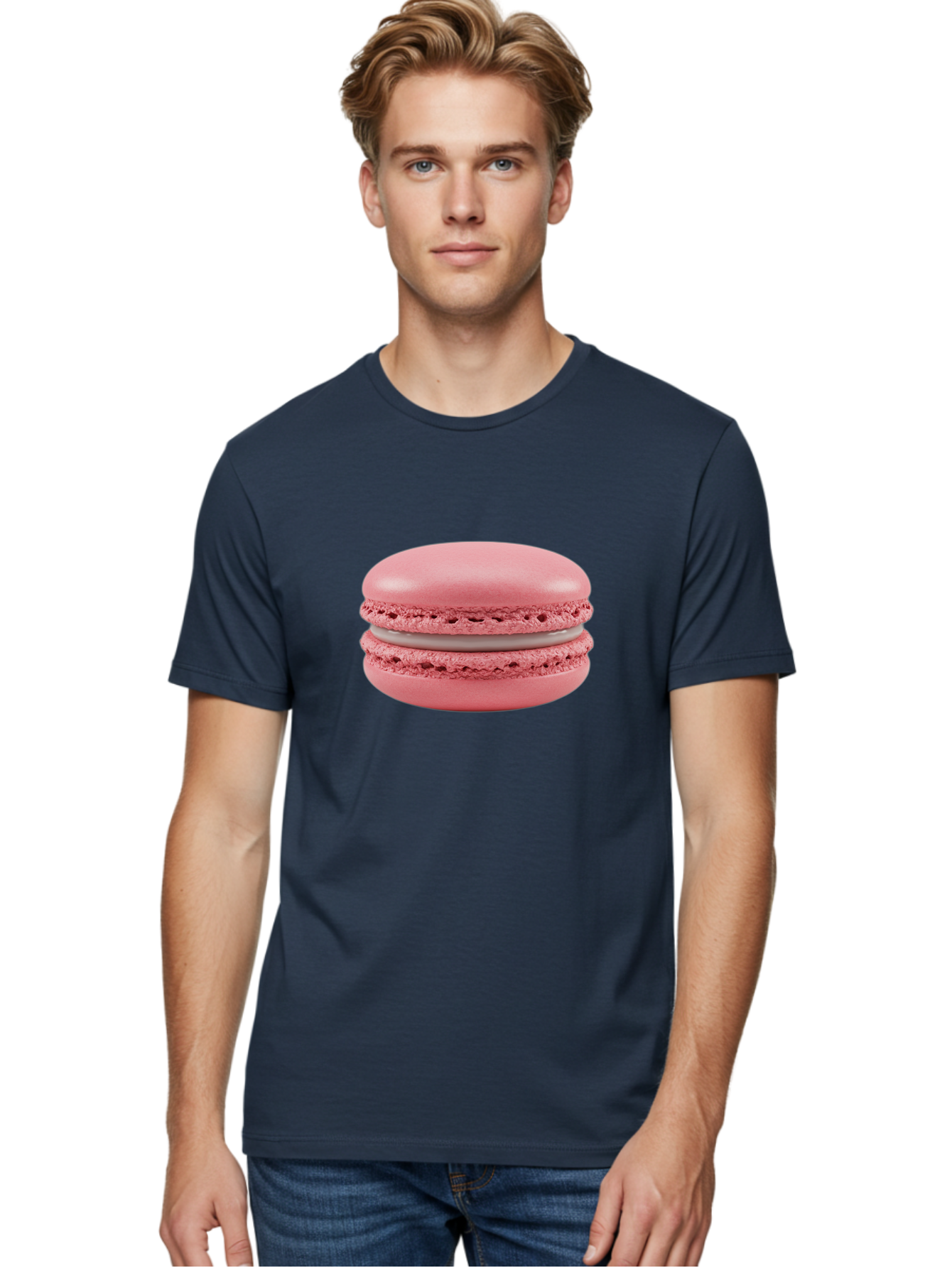 Pink-Macaron Men'S Graphic Tee, 100% Cotton, Comfortable Casual Summer Wear, Machine Washable, Pink Macaron, French Dessert, Meringue-Based Cookie, Creamy Filling, Sweet Treat, Delicate Texture, Pastel Colors, Bakery Delight Bab183