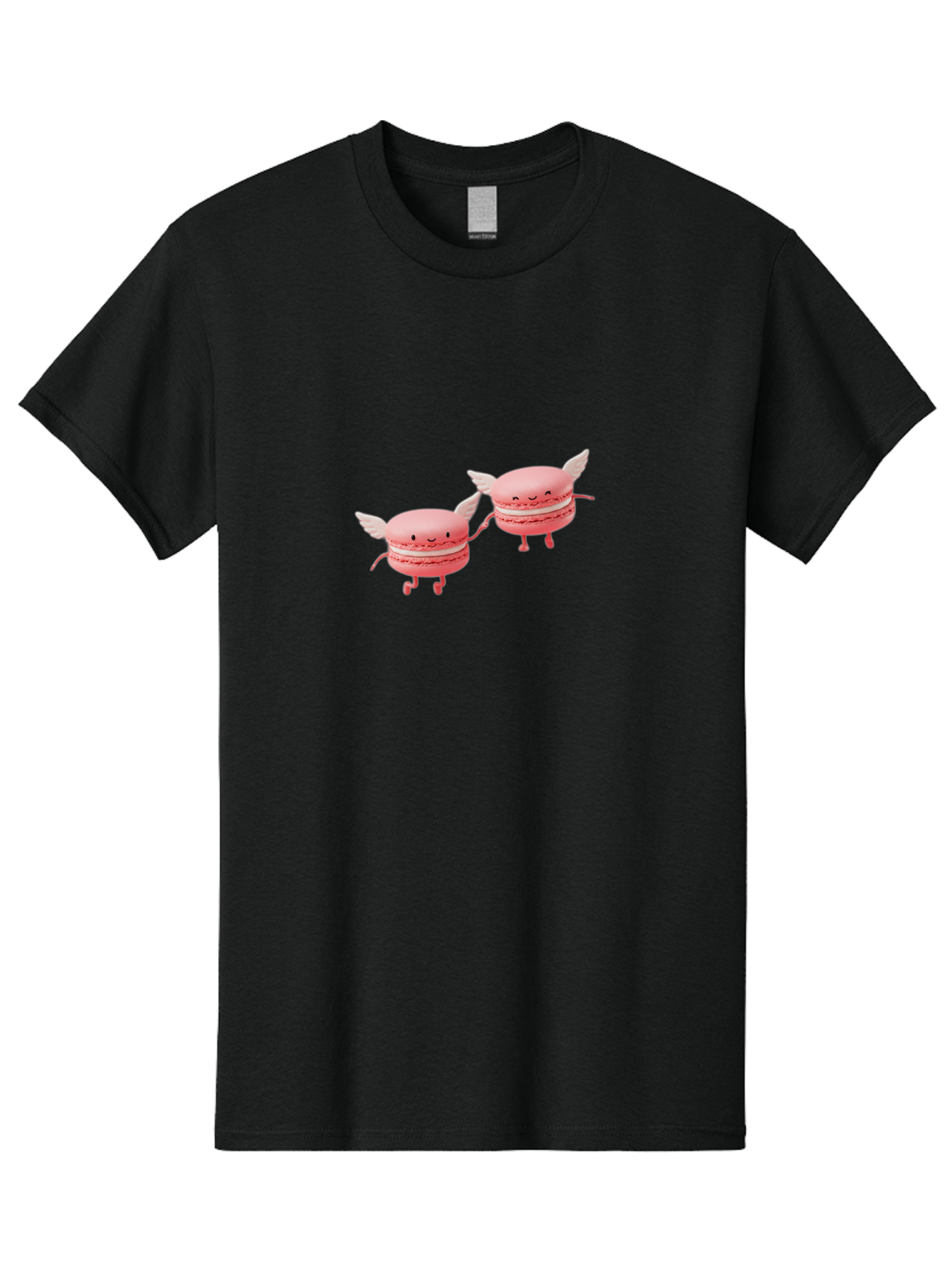 Pink-Macarons-1 Men'S Graphic Tee, 100% Cotton, Comfortable Casual Summer Wear, Machine Washable, Pink Macarons, Cute Desserts, Cartoon Characters, Smiling Faces, White Wings, Playful Treats, Dessert Lovers, Sweet Delights, Bab184