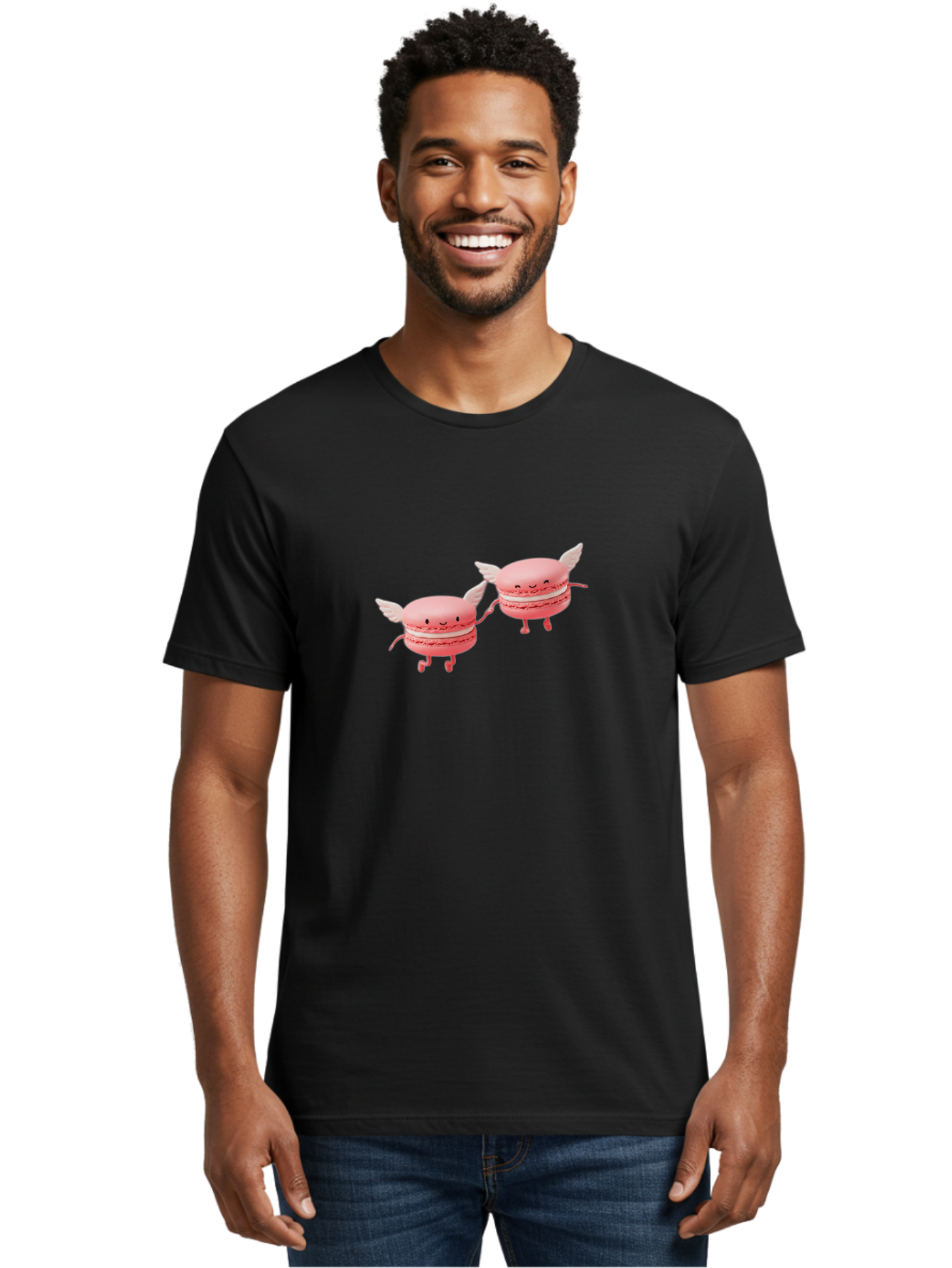 Pink-Macarons-1 Men'S Graphic Tee, 100% Cotton, Comfortable Casual Summer Wear, Machine Washable, Pink Macarons, Cute Desserts, Cartoon Characters, Smiling Faces, White Wings, Playful Treats, Dessert Lovers, Sweet Delights, Bab184