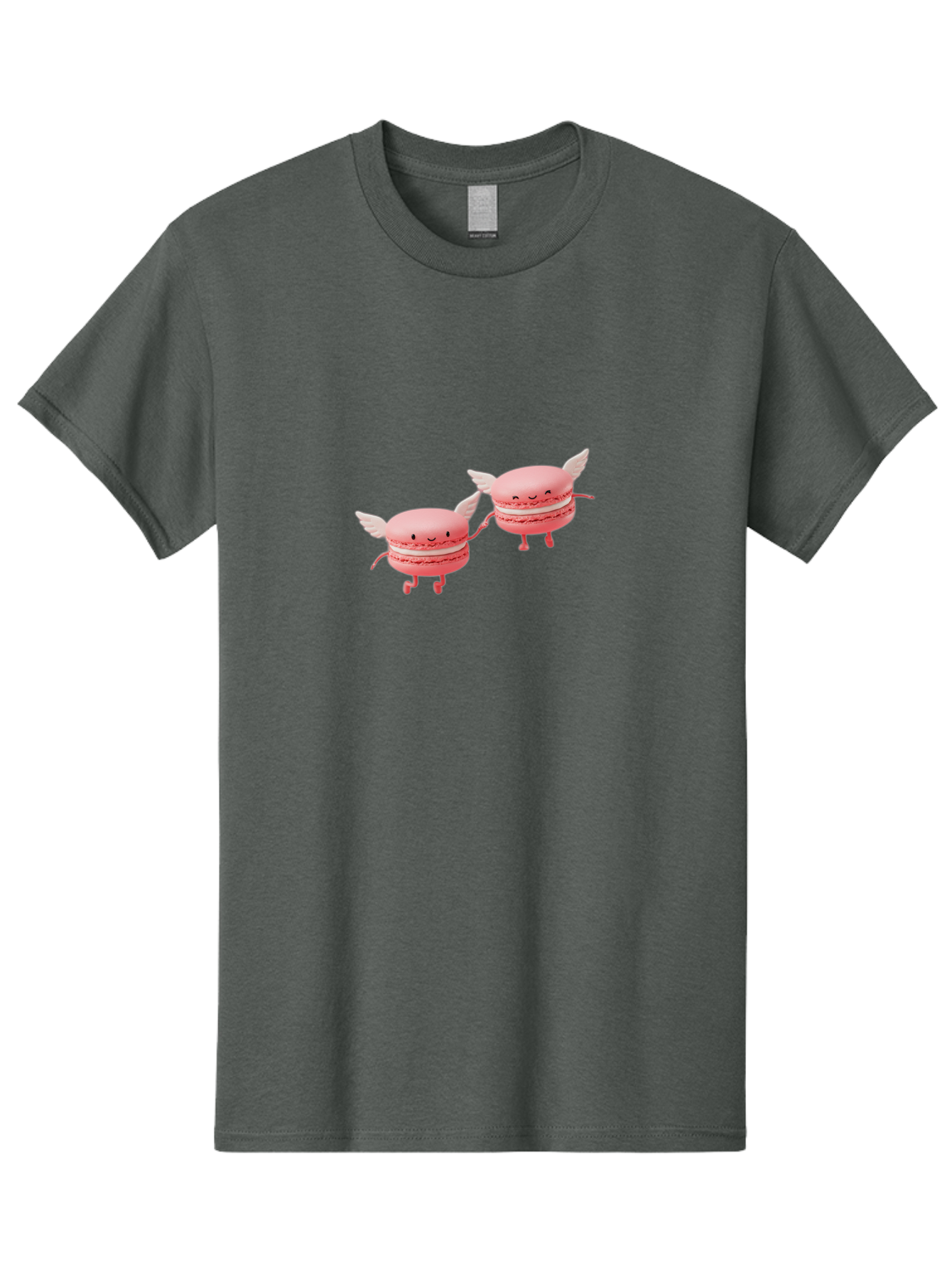 Pink-Macarons-1 Men'S Graphic Tee, 100% Cotton, Comfortable Casual Summer Wear, Machine Washable, Pink Macarons, Cute Desserts, Cartoon Characters, Smiling Faces, White Wings, Playful Treats, Dessert Lovers, Sweet Delights, Bab184