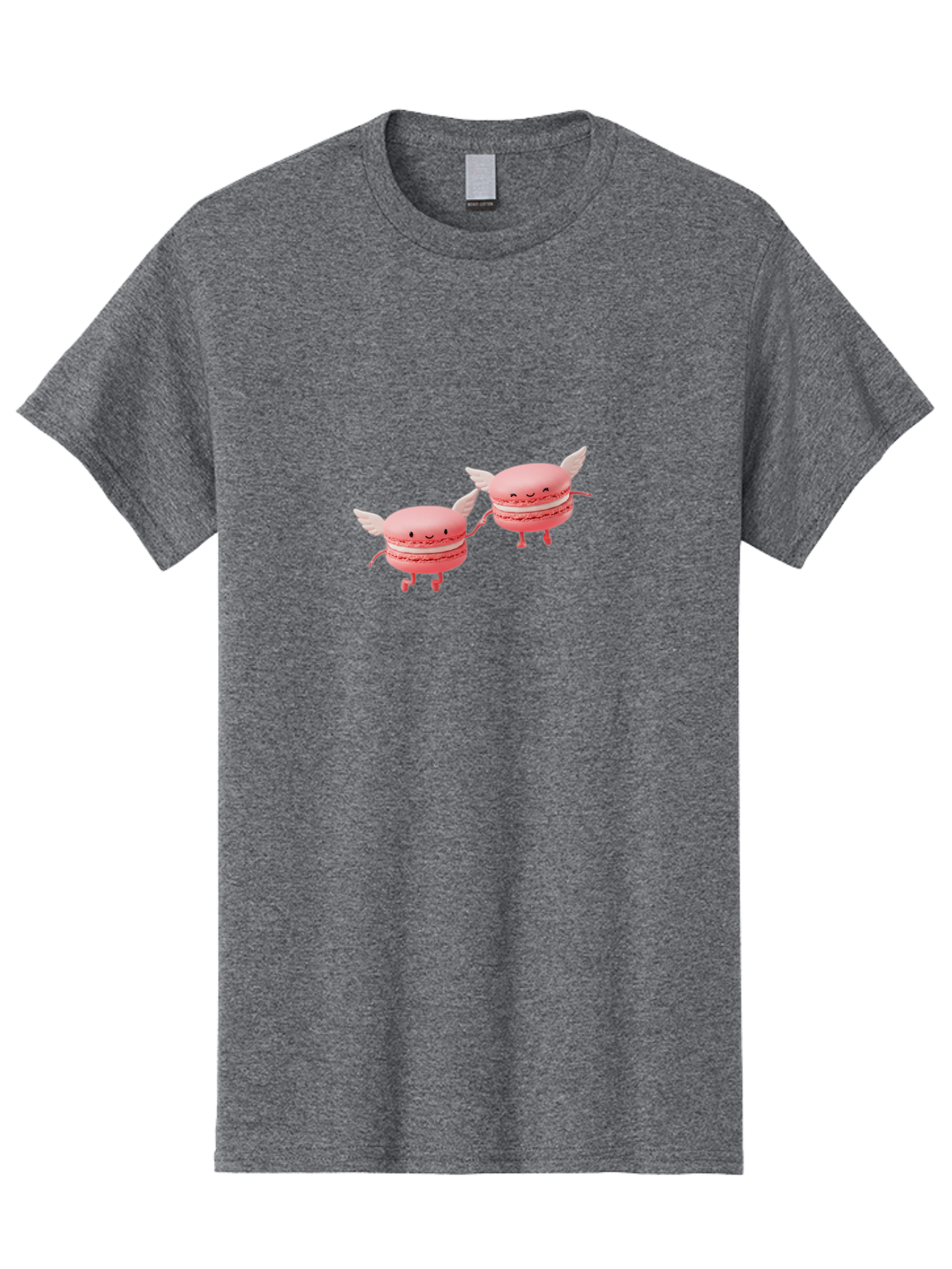 Pink-Macarons-1 Men'S Graphic Tee, 100% Cotton, Comfortable Casual Summer Wear, Machine Washable, Pink Macarons, Cute Desserts, Cartoon Characters, Smiling Faces, White Wings, Playful Treats, Dessert Lovers, Sweet Delights, Bab184