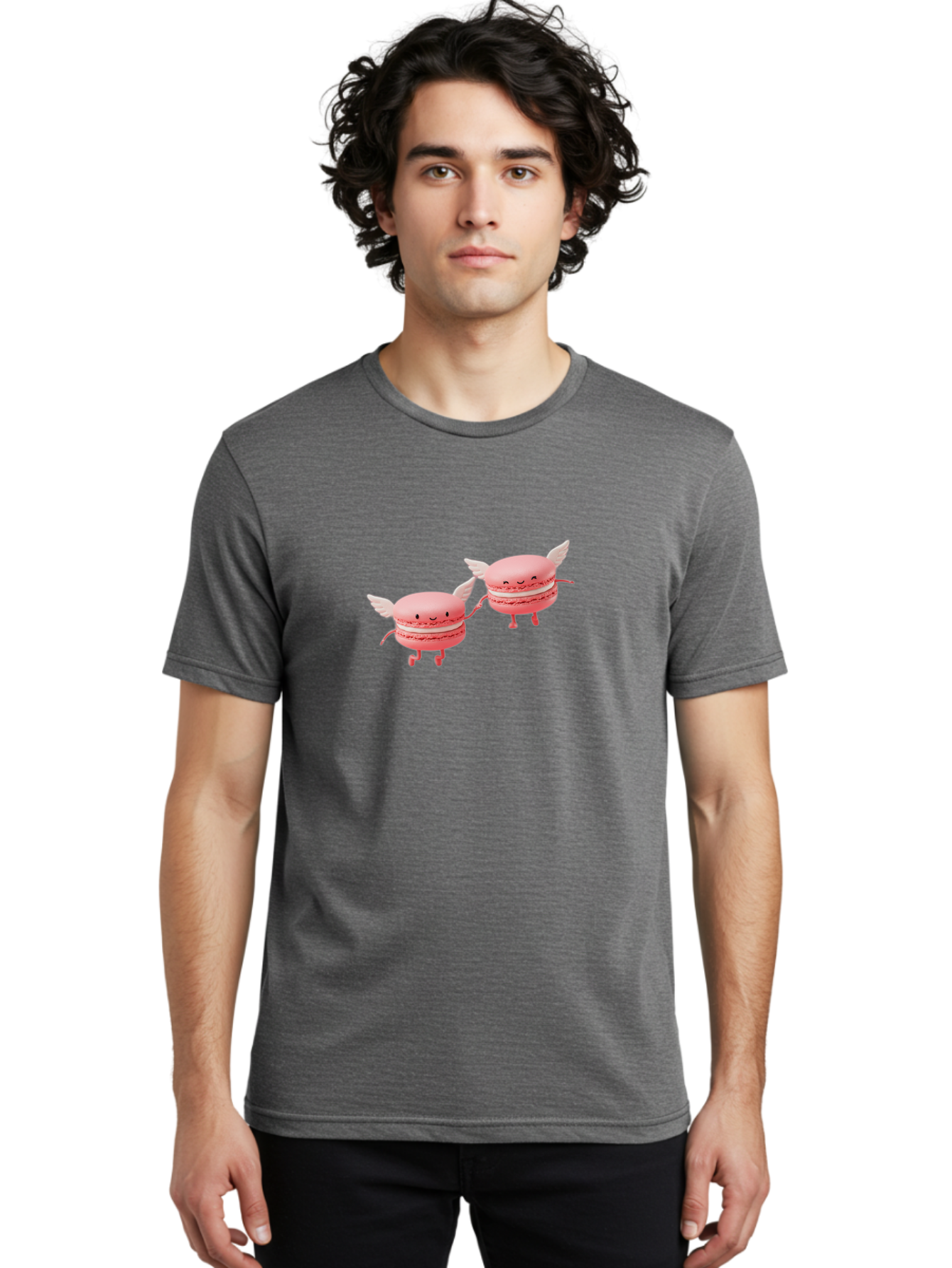 Pink-Macarons-1 Men'S Graphic Tee, 100% Cotton, Comfortable Casual Summer Wear, Machine Washable, Pink Macarons, Cute Desserts, Cartoon Characters, Smiling Faces, White Wings, Playful Treats, Dessert Lovers, Sweet Delights, Bab184