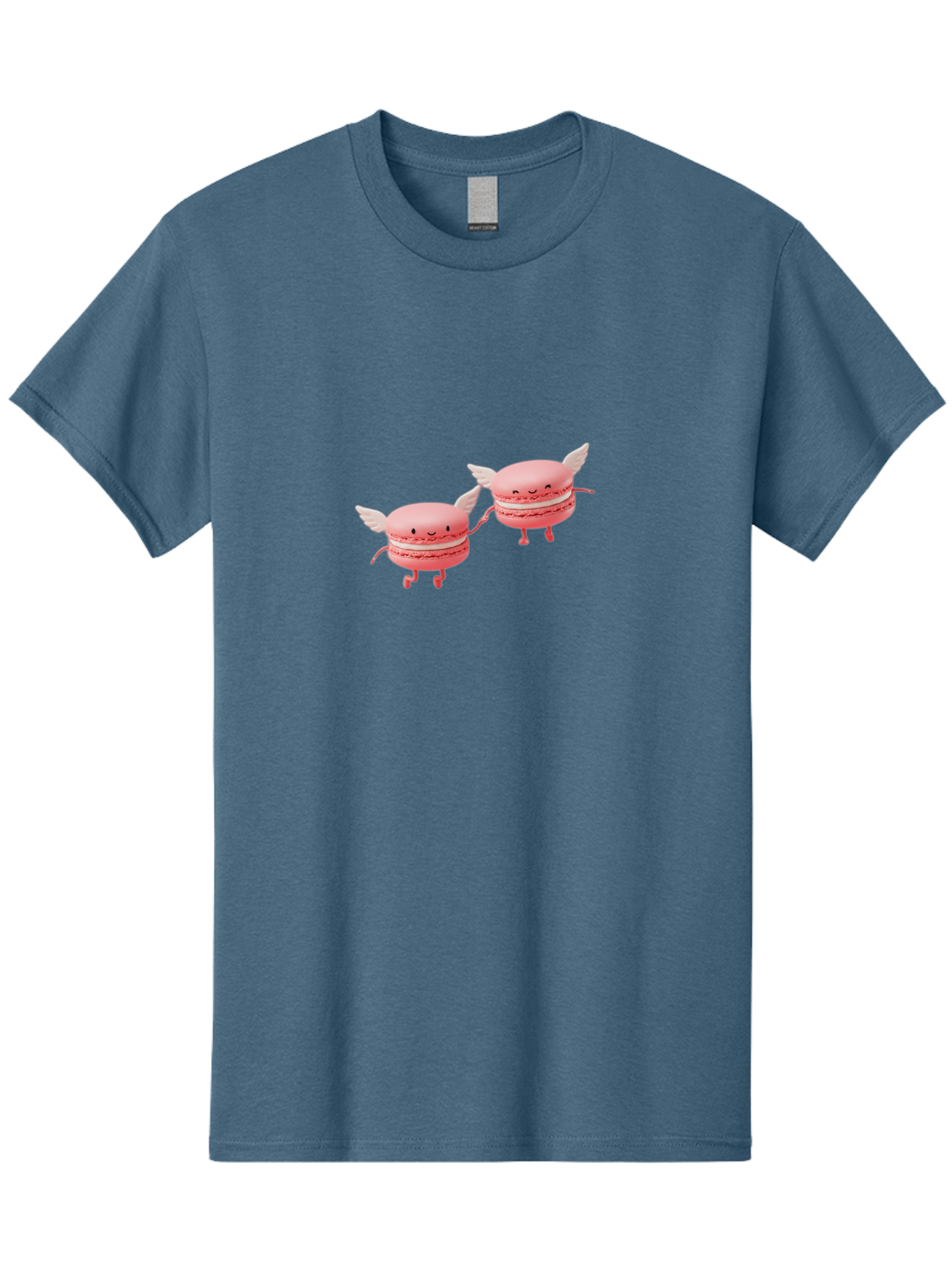 Pink-Macarons-1 Men'S Graphic Tee, 100% Cotton, Comfortable Casual Summer Wear, Machine Washable, Pink Macarons, Cute Desserts, Cartoon Characters, Smiling Faces, White Wings, Playful Treats, Dessert Lovers, Sweet Delights, Bab184
