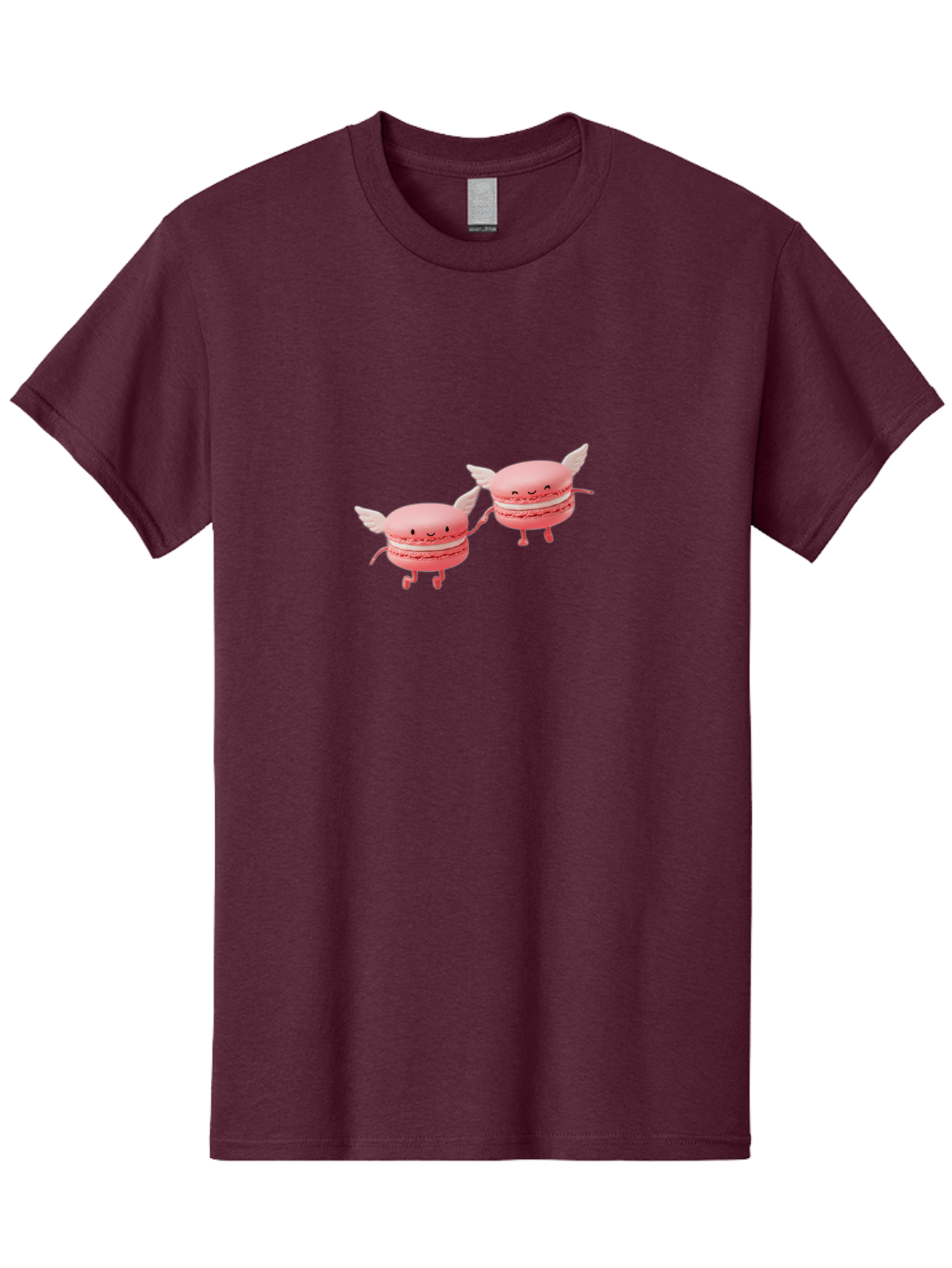 Pink-Macarons-1 Men'S Graphic Tee, 100% Cotton, Comfortable Casual Summer Wear, Machine Washable, Pink Macarons, Cute Desserts, Cartoon Characters, Smiling Faces, White Wings, Playful Treats, Dessert Lovers, Sweet Delights, Bab184