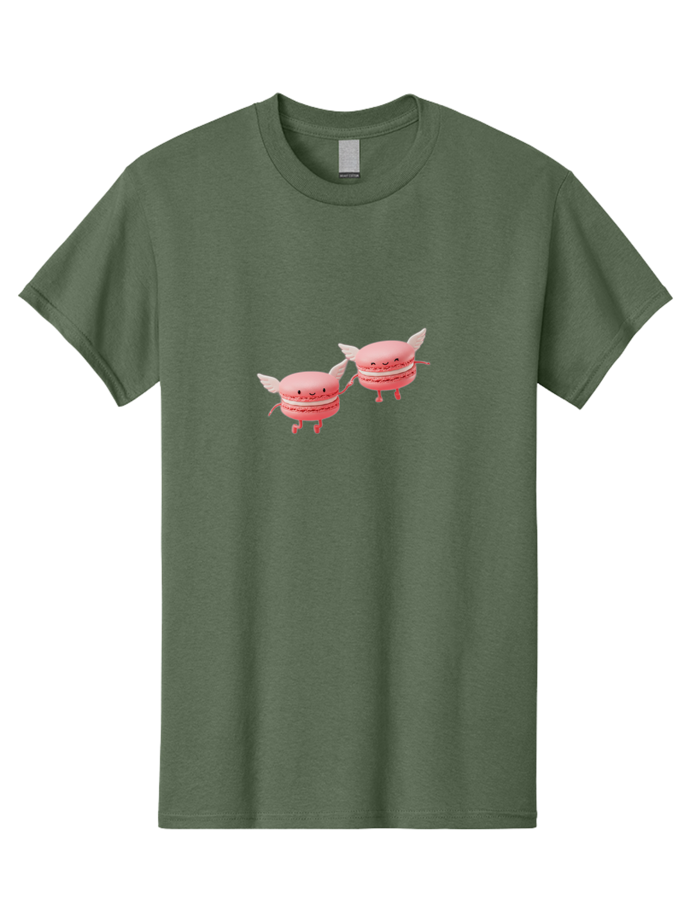 Pink-Macarons-1 Men'S Graphic Tee, 100% Cotton, Comfortable Casual Summer Wear, Machine Washable, Pink Macarons, Cute Desserts, Cartoon Characters, Smiling Faces, White Wings, Playful Treats, Dessert Lovers, Sweet Delights, Bab184