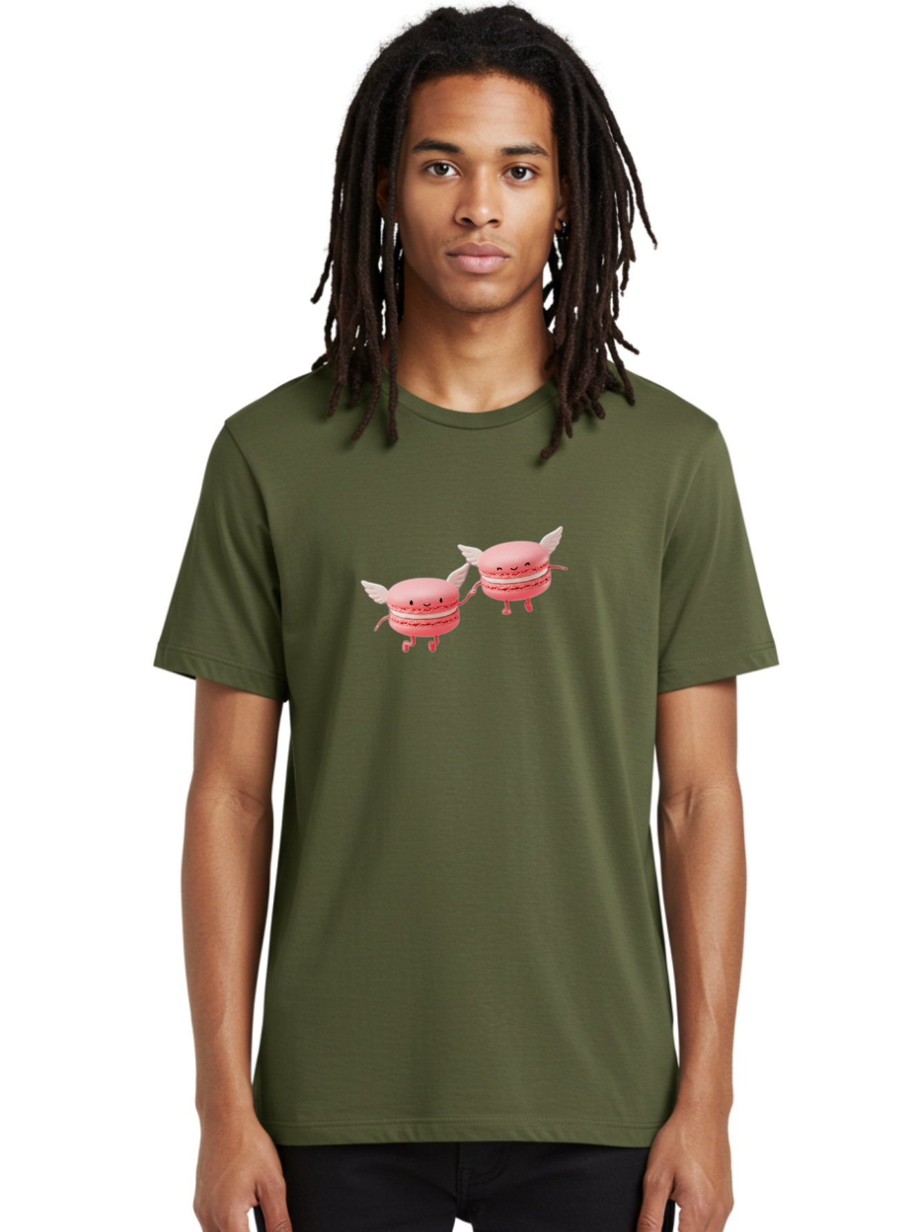 Pink-Macarons-1 Men'S Graphic Tee, 100% Cotton, Comfortable Casual Summer Wear, Machine Washable, Pink Macarons, Cute Desserts, Cartoon Characters, Smiling Faces, White Wings, Playful Treats, Dessert Lovers, Sweet Delights, Bab184