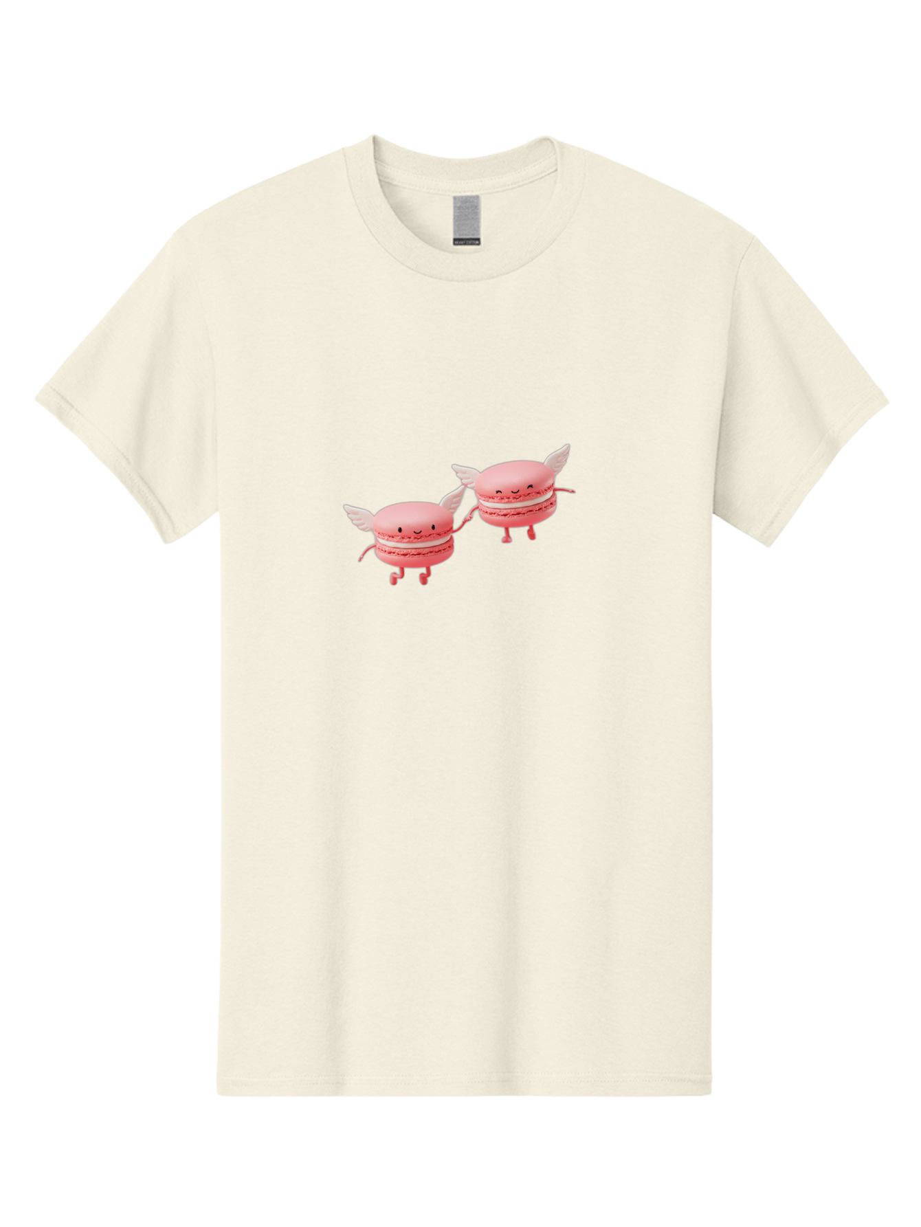 Pink-Macarons-1 Men'S Graphic Tee, 100% Cotton, Comfortable Casual Summer Wear, Machine Washable, Pink Macarons, Cute Desserts, Cartoon Characters, Smiling Faces, White Wings, Playful Treats, Dessert Lovers, Sweet Delights, Bab184