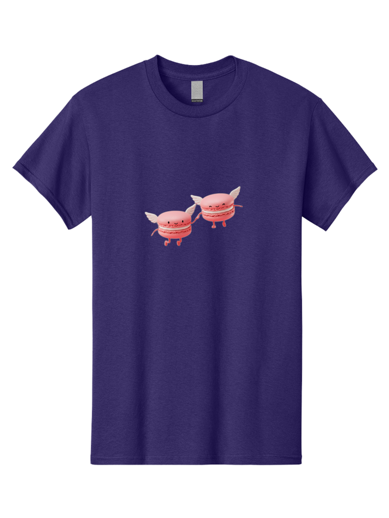 Pink-Macarons-1 Men'S Graphic Tee, 100% Cotton, Comfortable Casual Summer Wear, Machine Washable, Pink Macarons, Cute Desserts, Cartoon Characters, Smiling Faces, White Wings, Playful Treats, Dessert Lovers, Sweet Delights, Bab184