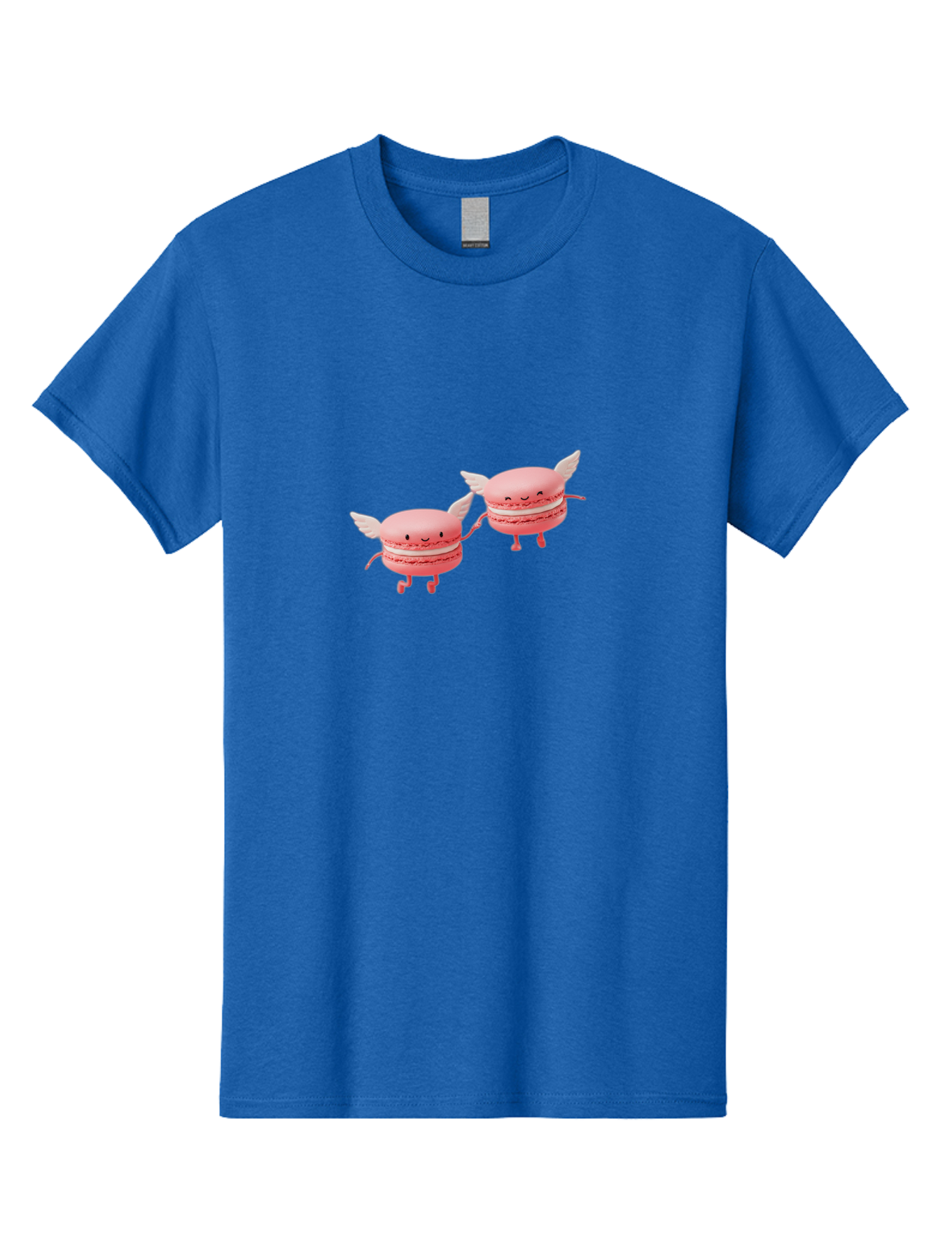 Pink-Macarons-1 Men'S Graphic Tee, 100% Cotton, Comfortable Casual Summer Wear, Machine Washable, Pink Macarons, Cute Desserts, Cartoon Characters, Smiling Faces, White Wings, Playful Treats, Dessert Lovers, Sweet Delights, Bab184