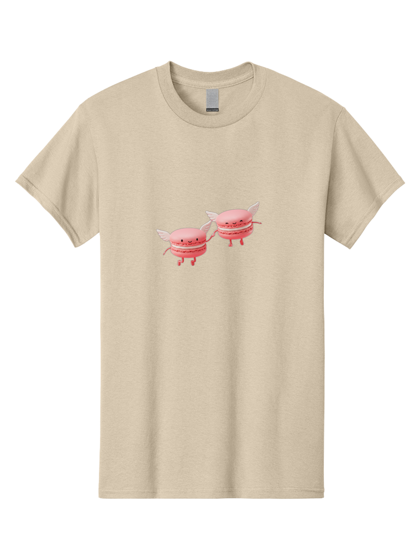 Pink-Macarons-1 Men'S Graphic Tee, 100% Cotton, Comfortable Casual Summer Wear, Machine Washable, Pink Macarons, Cute Desserts, Cartoon Characters, Smiling Faces, White Wings, Playful Treats, Dessert Lovers, Sweet Delights, Bab184