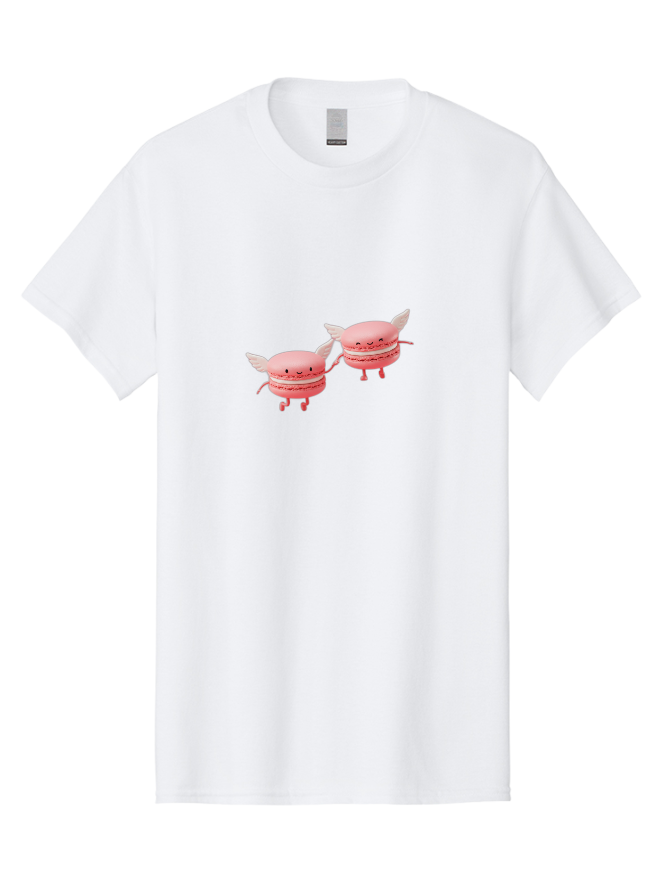 Pink-Macarons-1 Men'S Graphic Tee, 100% Cotton, Comfortable Casual Summer Wear, Machine Washable, Pink Macarons, Cute Desserts, Cartoon Characters, Smiling Faces, White Wings, Playful Treats, Dessert Lovers, Sweet Delights, Bab184