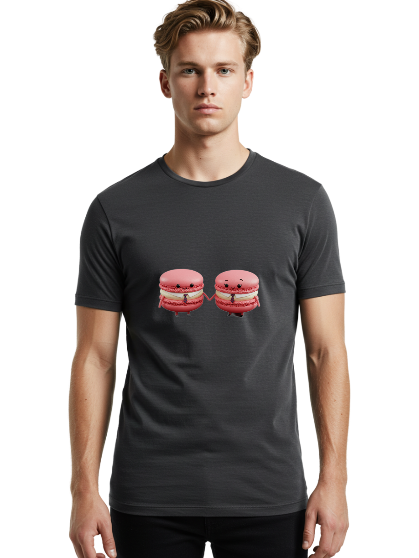 Pink-Macarons-2 Men'S Graphic Tee, 100% Cotton, Comfortable Casual Summer Wear, Machine Washable, Cartoon Macarons, Holding Hands, Anthropomorphic Desserts, Pink Macarons, White Filling, Adorable Characters, Funny Expressions, Bab185