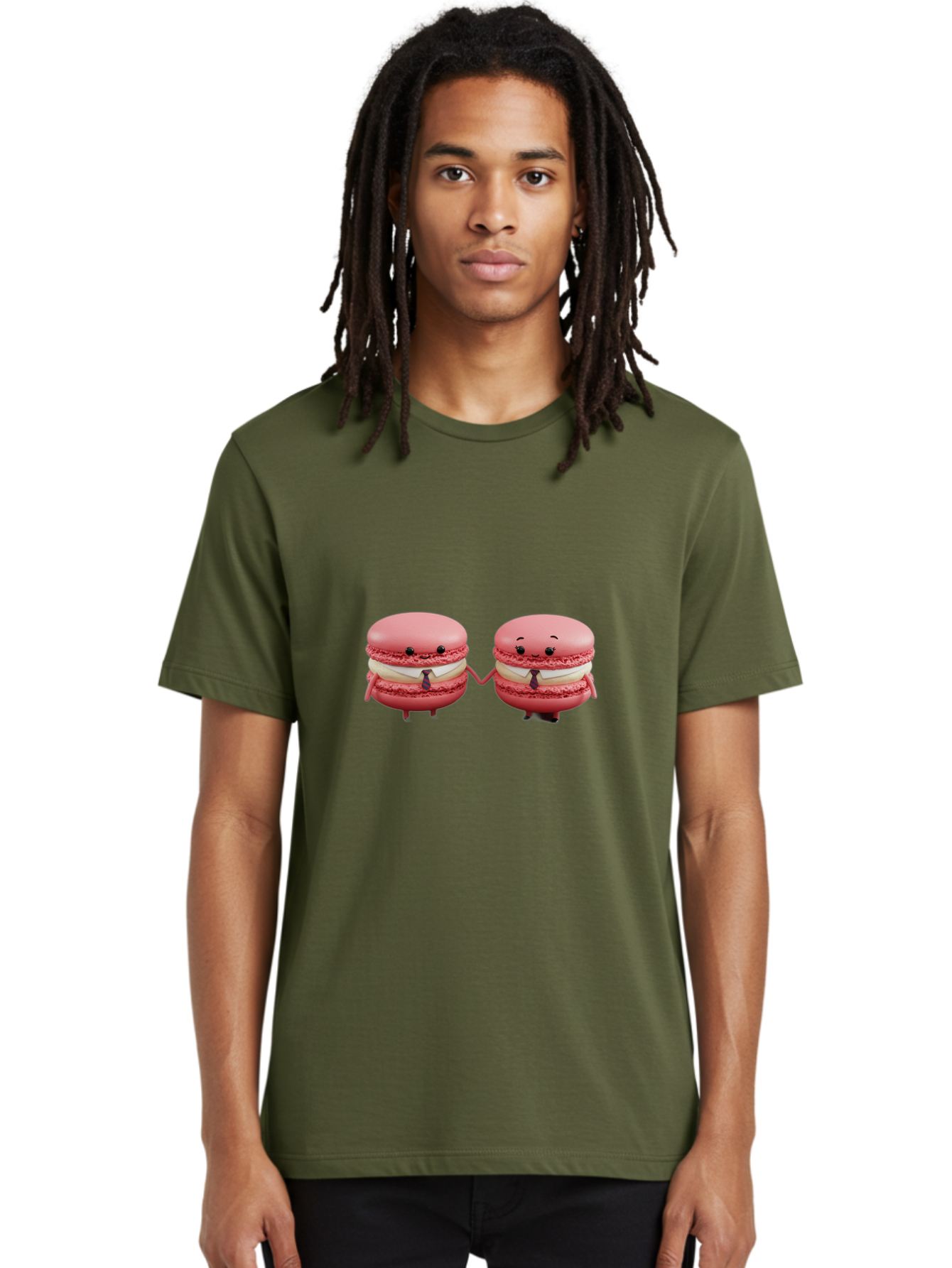 Pink-Macarons-2 Men'S Graphic Tee, 100% Cotton, Comfortable Casual Summer Wear, Machine Washable, Cartoon Macarons, Holding Hands, Anthropomorphic Desserts, Pink Macarons, White Filling, Adorable Characters, Funny Expressions, Bab185