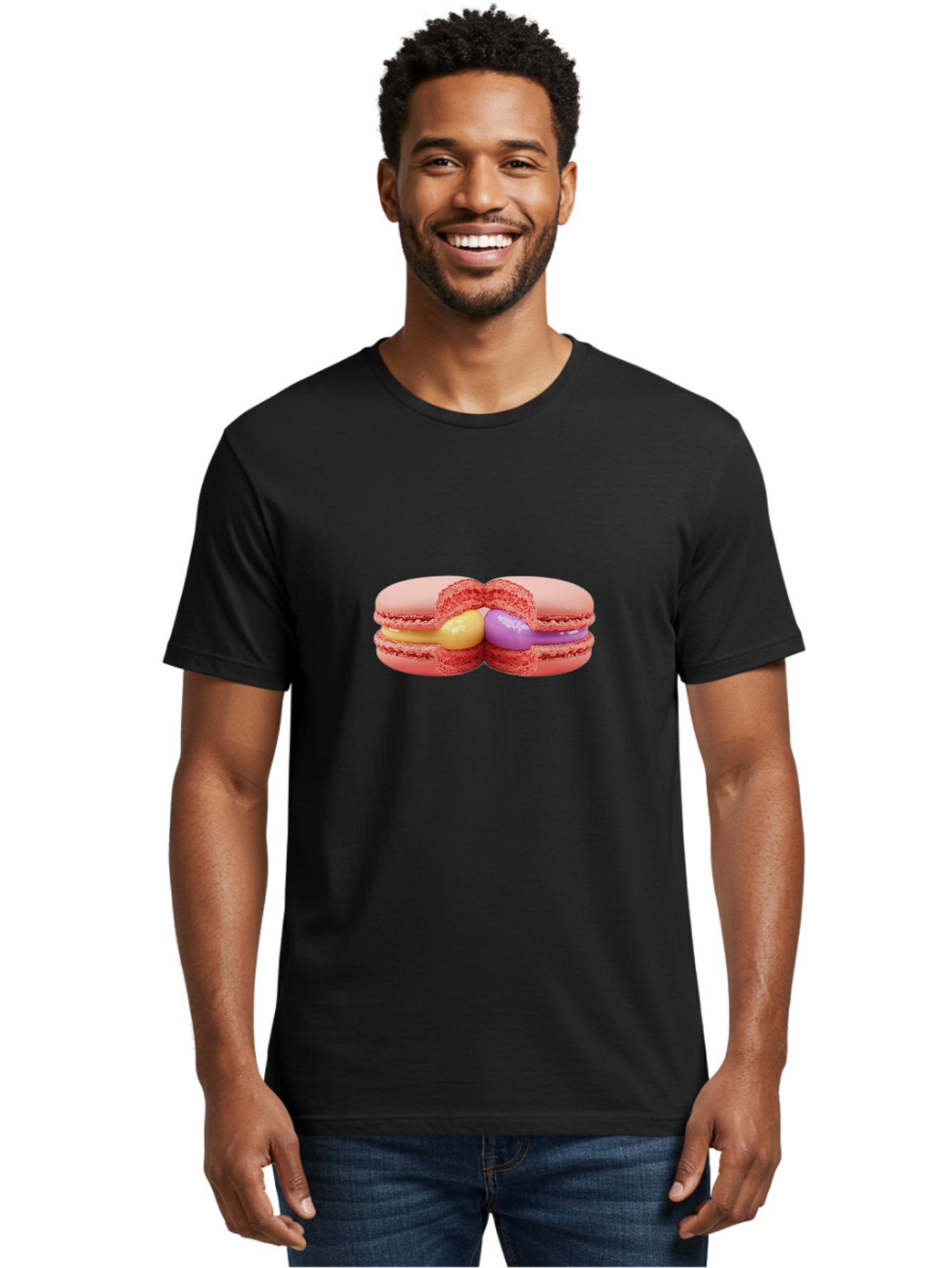 Pink-Macarons-3 Men'S Graphic Tee, 100% Cotton, Comfortable Casual Summer Wear, Machine Washable, Pink Macarons, Yellow And Purple Filling, French Dessert, Sweet Treats, Delicate Meringue, Colorful Pastries, Baked Goods, Gourmet Sweets Bab186