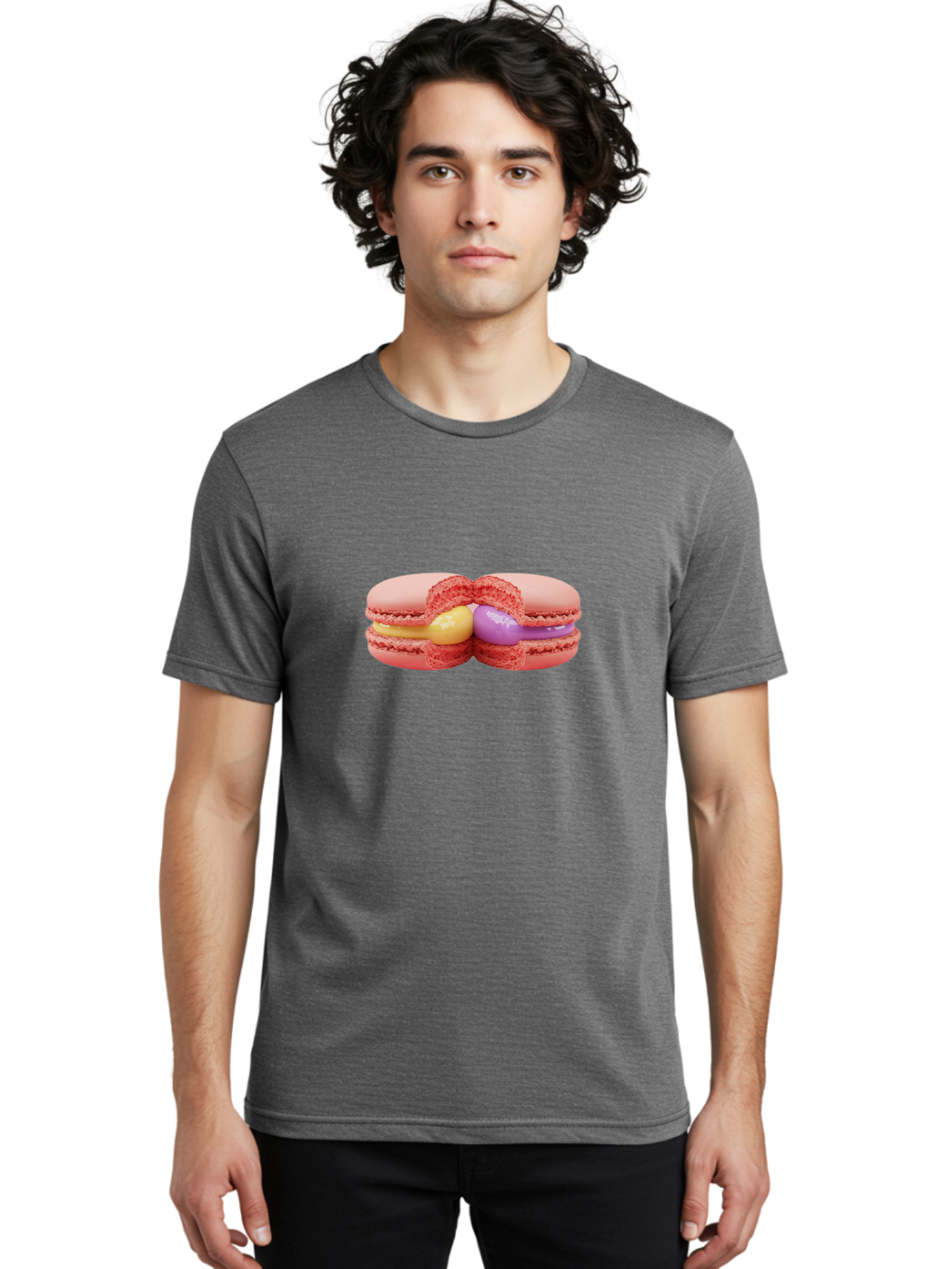 Pink-Macarons-3 Men'S Graphic Tee, 100% Cotton, Comfortable Casual Summer Wear, Machine Washable, Pink Macarons, Yellow And Purple Filling, French Dessert, Sweet Treats, Delicate Meringue, Colorful Pastries, Baked Goods, Gourmet Sweets Bab186