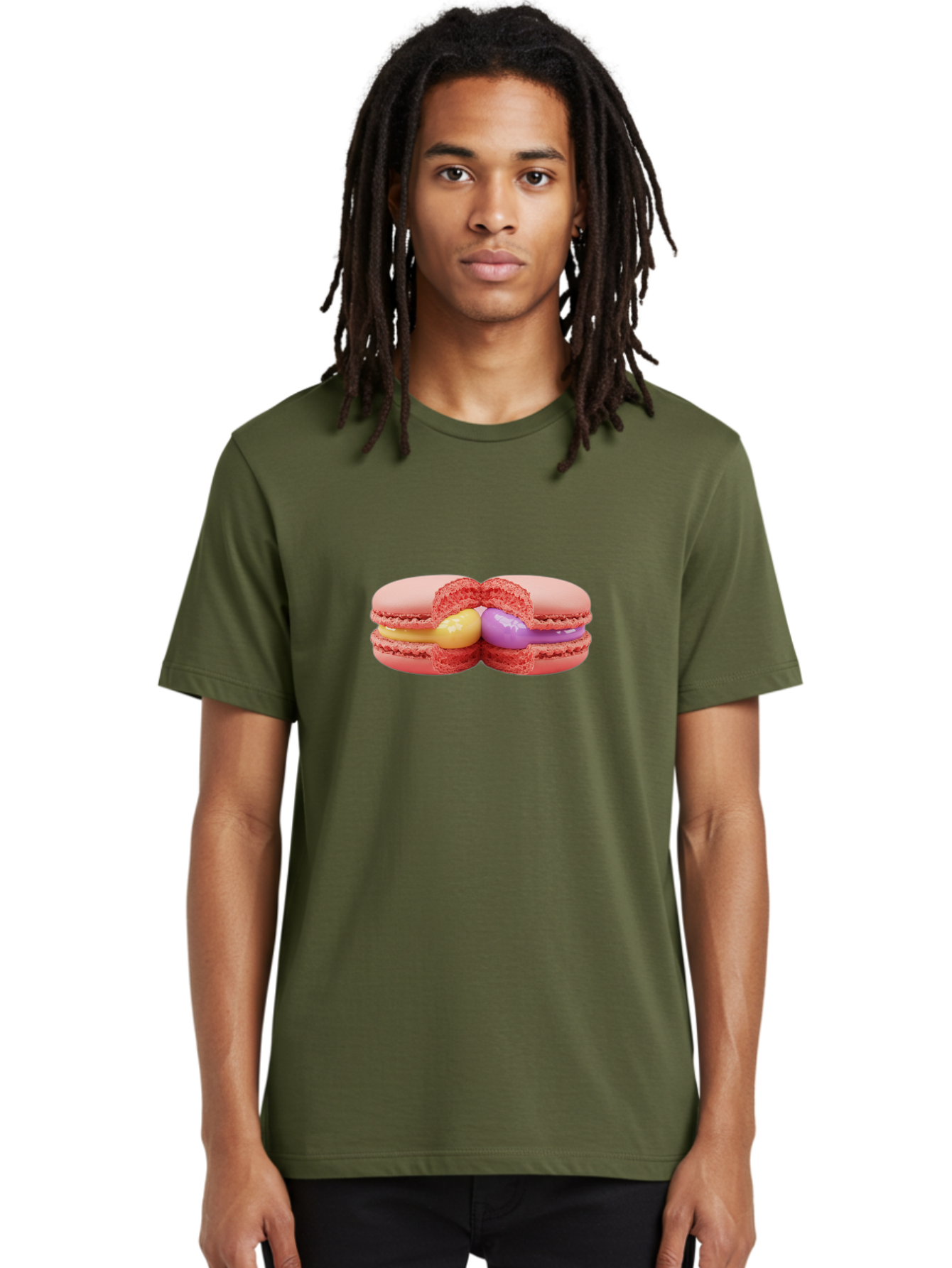 Pink-Macarons-3 Men'S Graphic Tee, 100% Cotton, Comfortable Casual Summer Wear, Machine Washable, Pink Macarons, Yellow And Purple Filling, French Dessert, Sweet Treats, Delicate Meringue, Colorful Pastries, Baked Goods, Gourmet Sweets Bab186