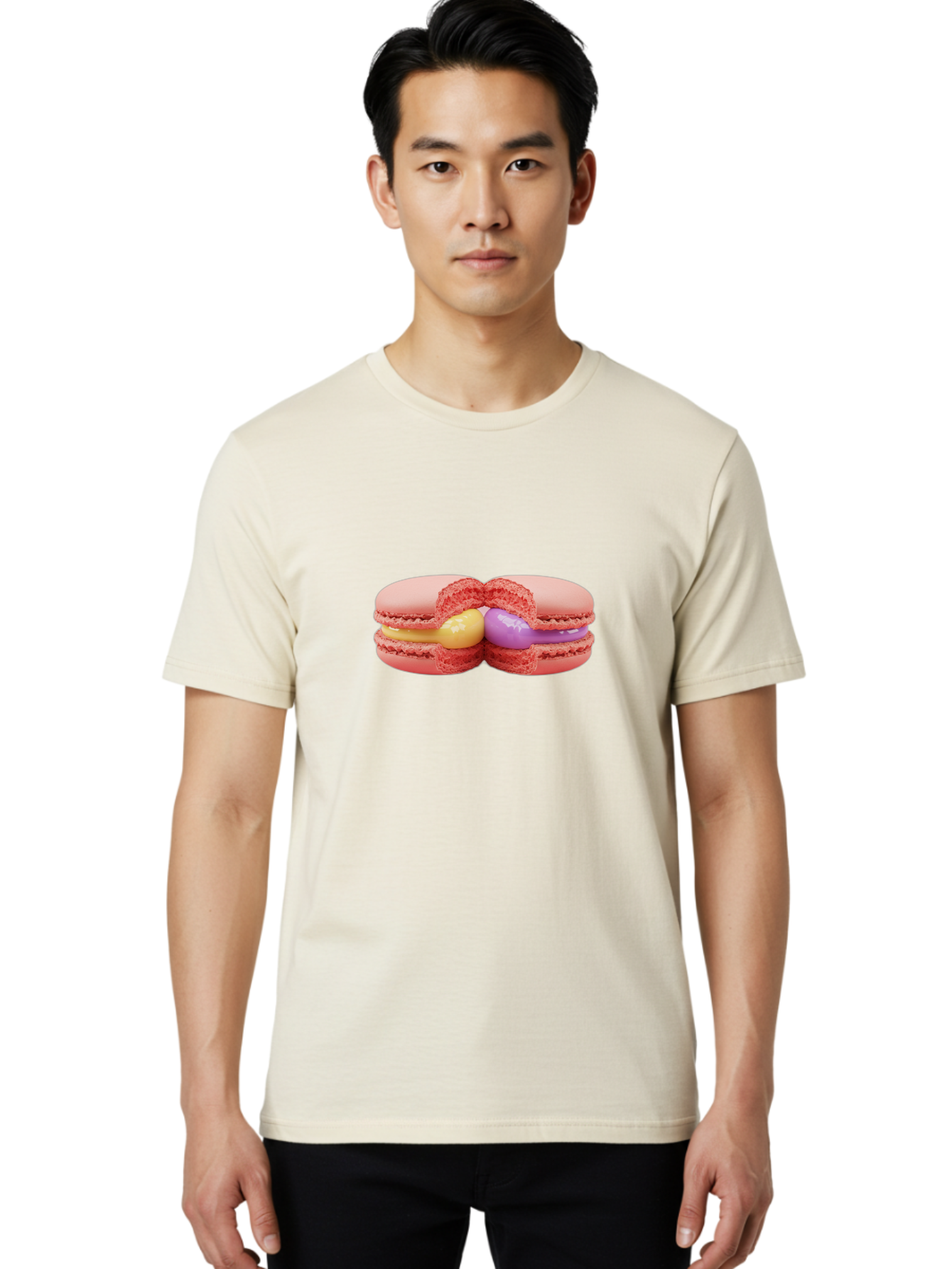 Pink-Macarons-3 Men'S Graphic Tee, 100% Cotton, Comfortable Casual Summer Wear, Machine Washable, Pink Macarons, Yellow And Purple Filling, French Dessert, Sweet Treats, Delicate Meringue, Colorful Pastries, Baked Goods, Gourmet Sweets Bab186