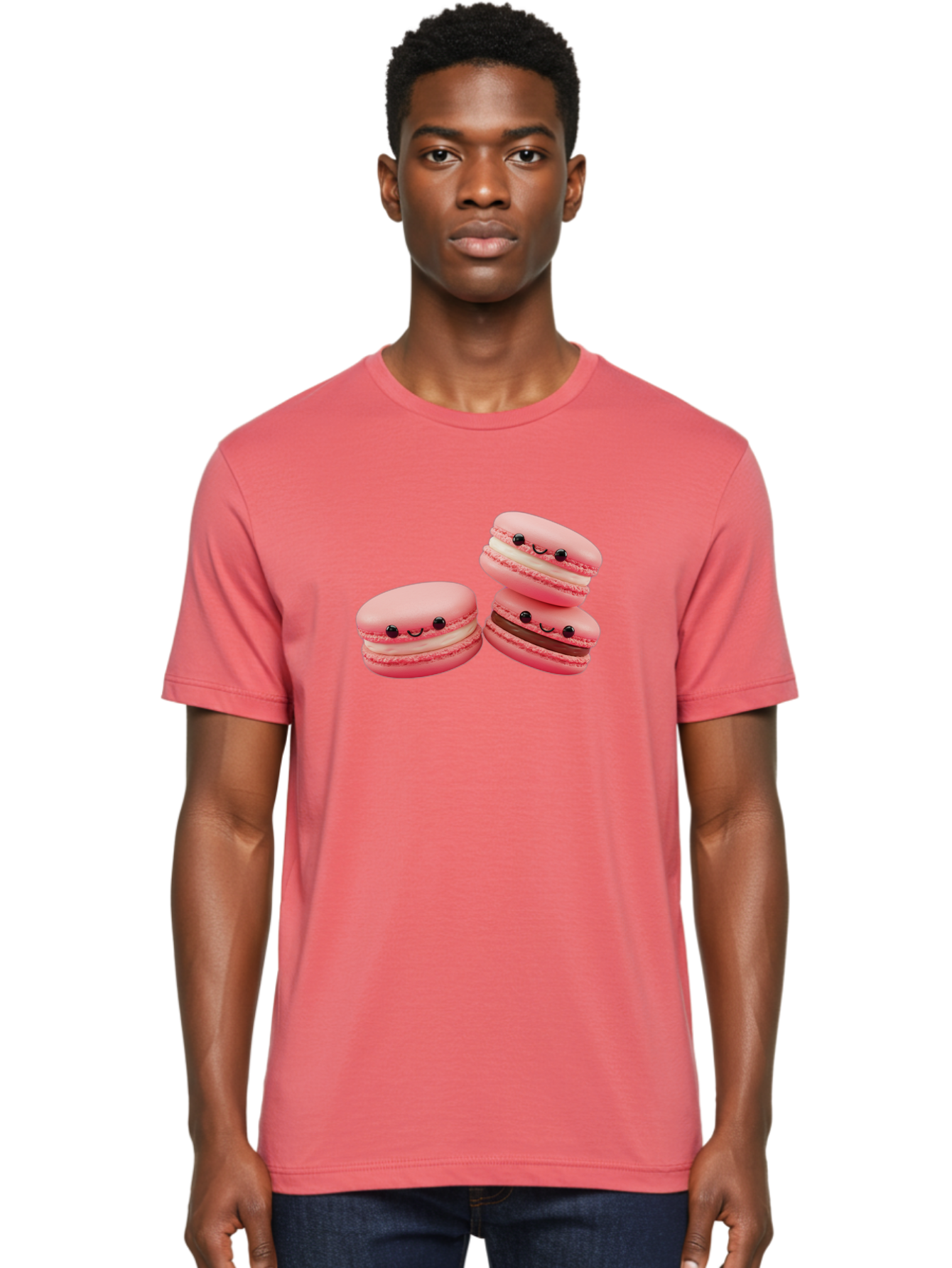 Pink-Macarons Men'S Graphic Tee, 100% Cotton, Comfortable Casual Summer Wear, Machine Washable, Pink Macarons, Sweet Treats, Dessert, French Pastry, Cute, Adorable, Smiling Macarons, Macaron Stack, Vanilla, Chocolate Filling, Bakery Delights Bab188