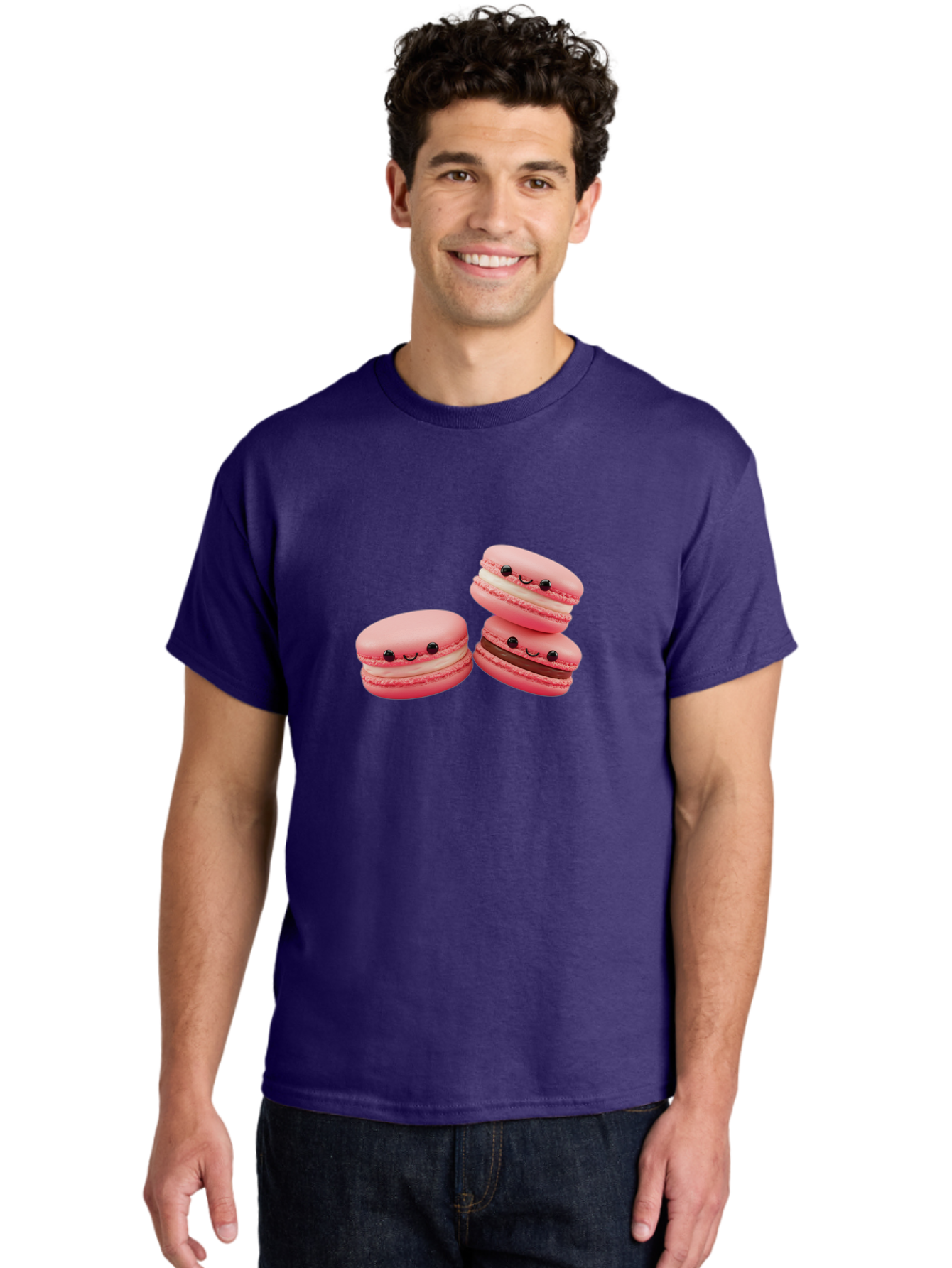 Pink-Macarons Men'S Graphic Tee, 100% Cotton, Comfortable Casual Summer Wear, Machine Washable, Pink Macarons, Sweet Treats, Dessert, French Pastry, Cute, Adorable, Smiling Macarons, Macaron Stack, Vanilla, Chocolate Filling, Bakery Delights Bab188