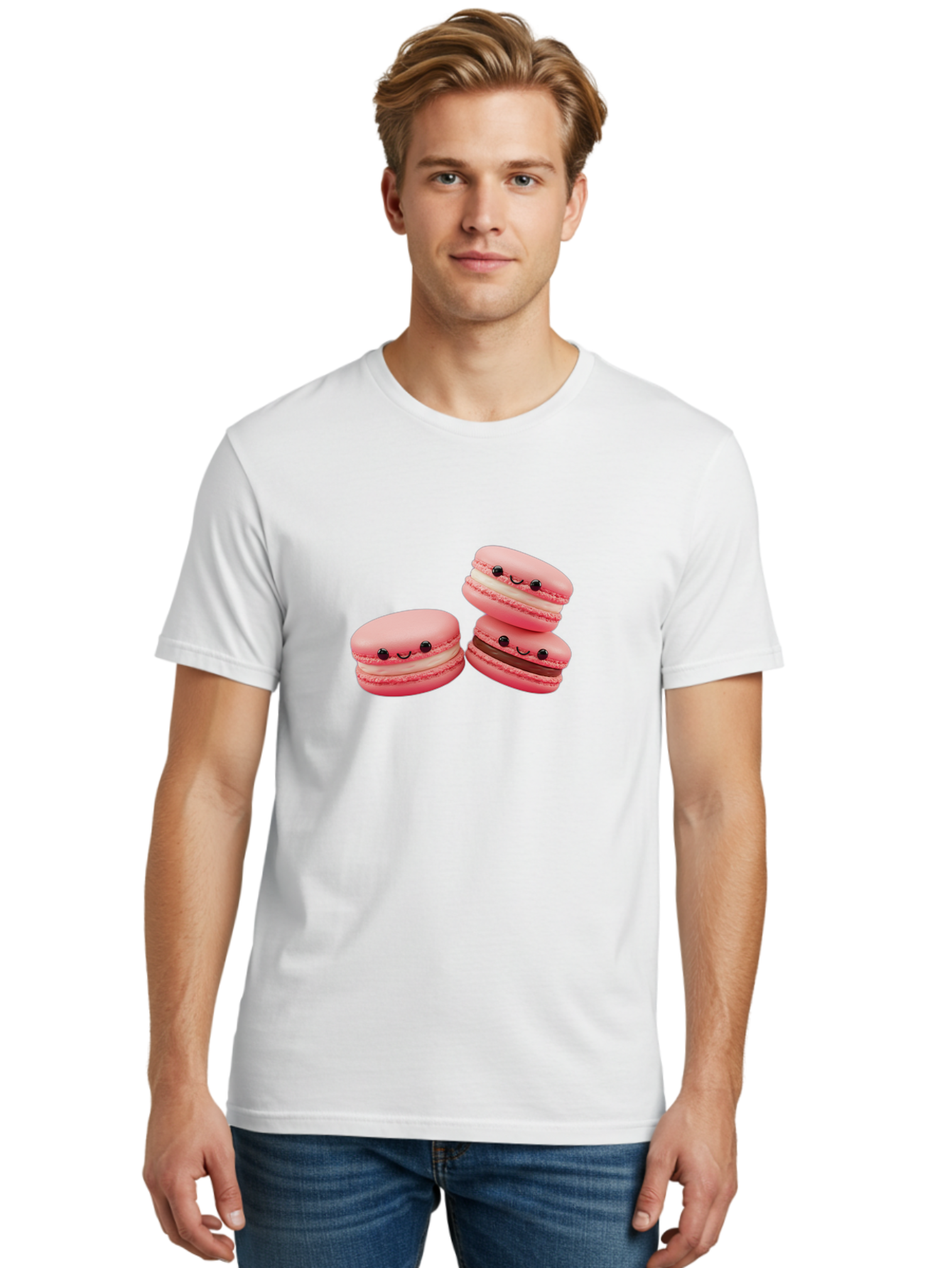 Pink-Macarons Men'S Graphic Tee, 100% Cotton, Comfortable Casual Summer Wear, Machine Washable, Pink Macarons, Sweet Treats, Dessert, French Pastry, Cute, Adorable, Smiling Macarons, Macaron Stack, Vanilla, Chocolate Filling, Bakery Delights Bab188