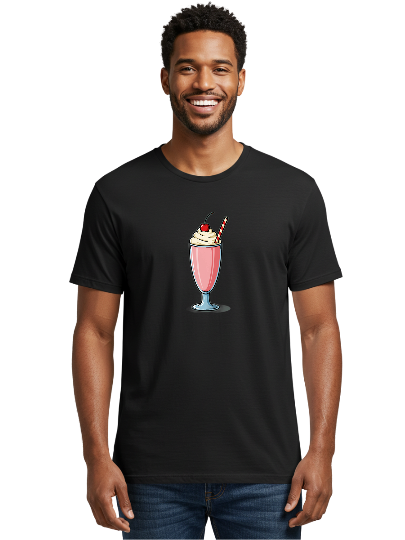 Pink-Milkshake Men'S Graphic Tee, 100% Cotton, Comfortable Casual Summer Wear, Machine Washable, Strawberry Milkshake, Whipped Cream, Cherry On Top, Red And White Straw, Sweet Treat, Creamy Texture, Pink Color, Glass Cup, Dessert, Bab190