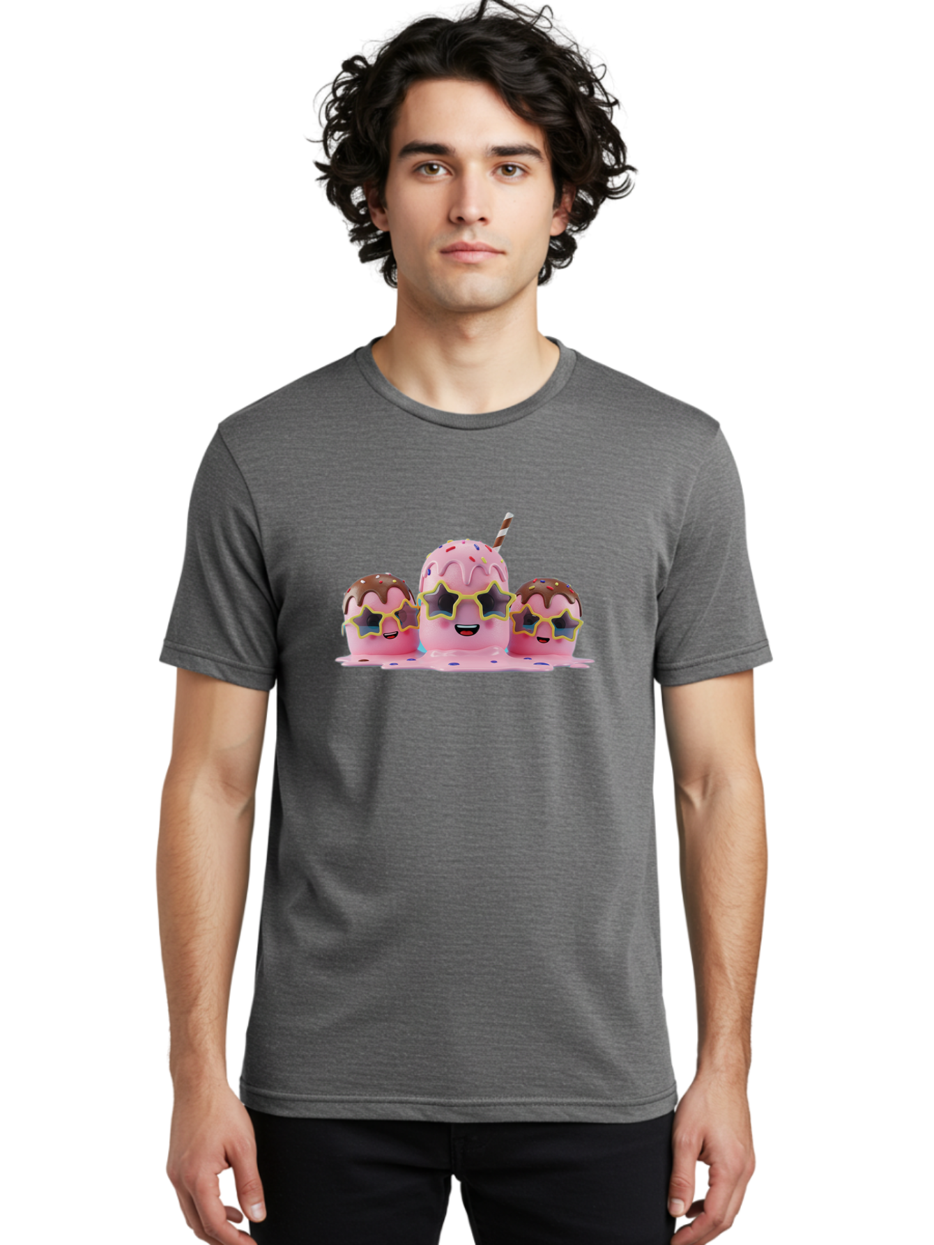 Pink-Milkshakes Men'S Graphic Tee, 100% Cotton, Comfortable Casual Summer Wear, Machine Washable, Pink Milkshake, Chocolate Topping, Colorful Sprinkles, Kawaii Characters, Melted Ice Cream, Fun Design, Sweet Treats, Dessert Lovers, Bab191