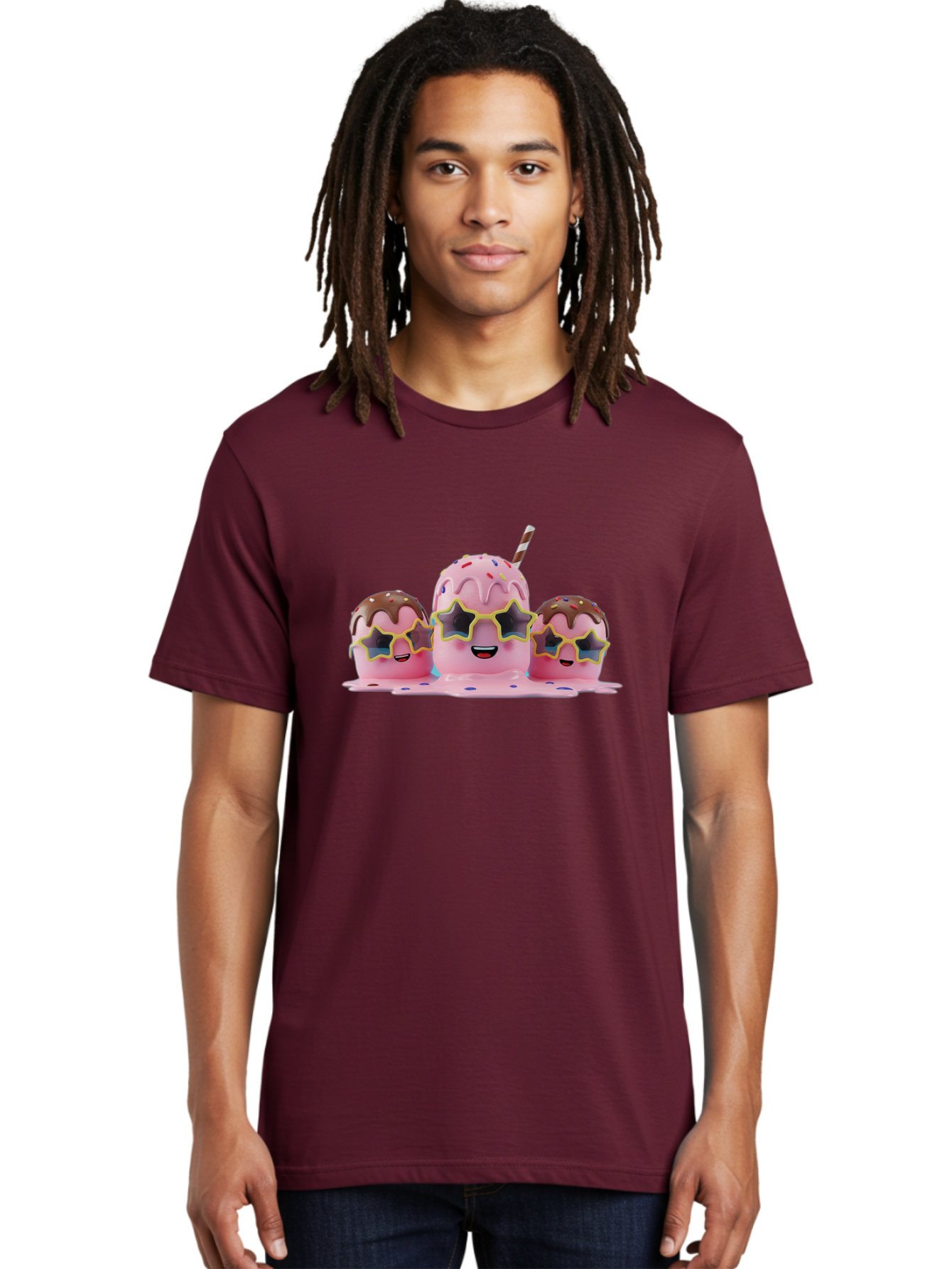 Pink-Milkshakes Men'S Graphic Tee, 100% Cotton, Comfortable Casual Summer Wear, Machine Washable, Pink Milkshake, Chocolate Topping, Colorful Sprinkles, Kawaii Characters, Melted Ice Cream, Fun Design, Sweet Treats, Dessert Lovers, Bab191