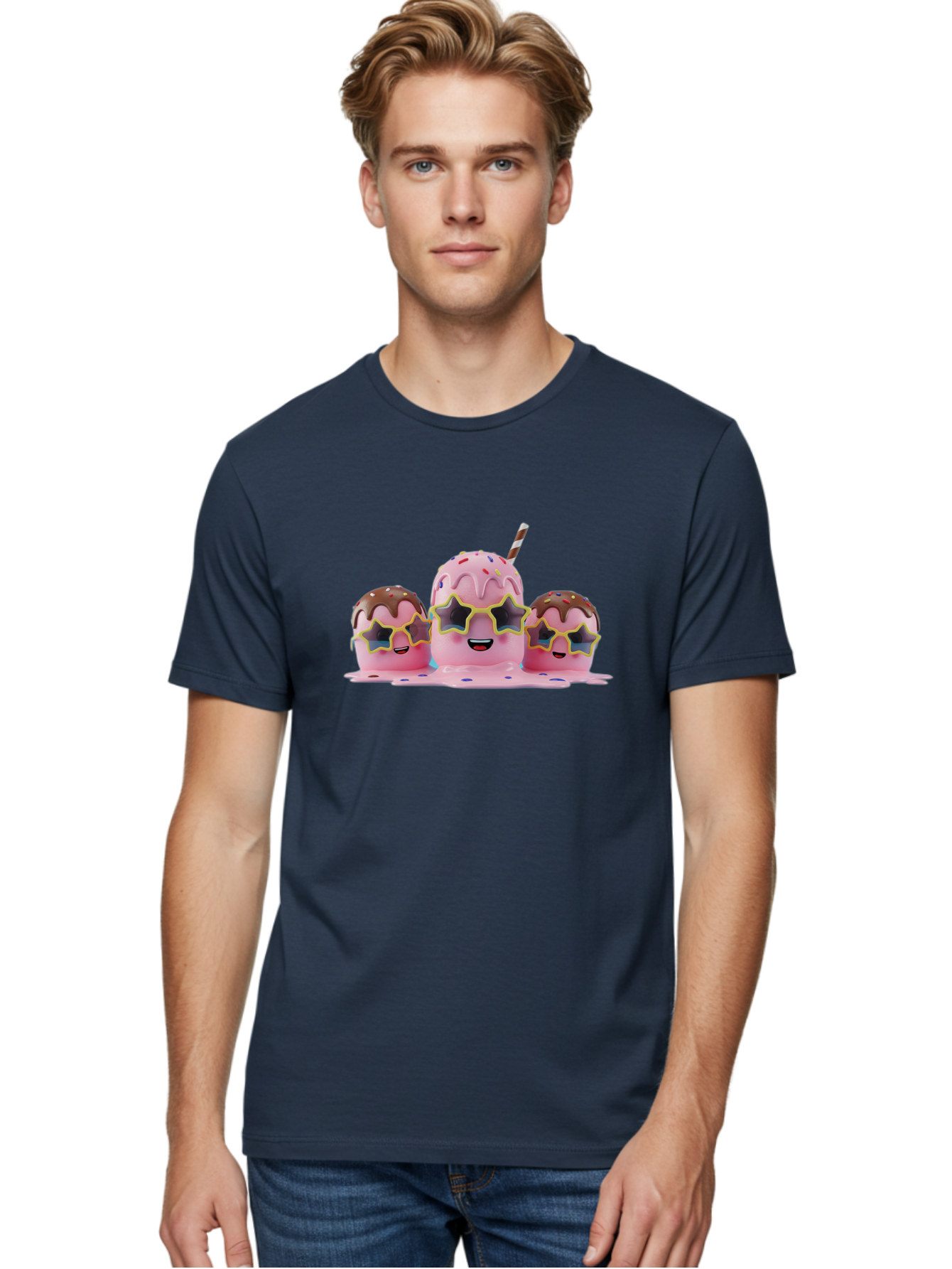 Pink-Milkshakes Men'S Graphic Tee, 100% Cotton, Comfortable Casual Summer Wear, Machine Washable, Pink Milkshake, Chocolate Topping, Colorful Sprinkles, Kawaii Characters, Melted Ice Cream, Fun Design, Sweet Treats, Dessert Lovers, Bab191