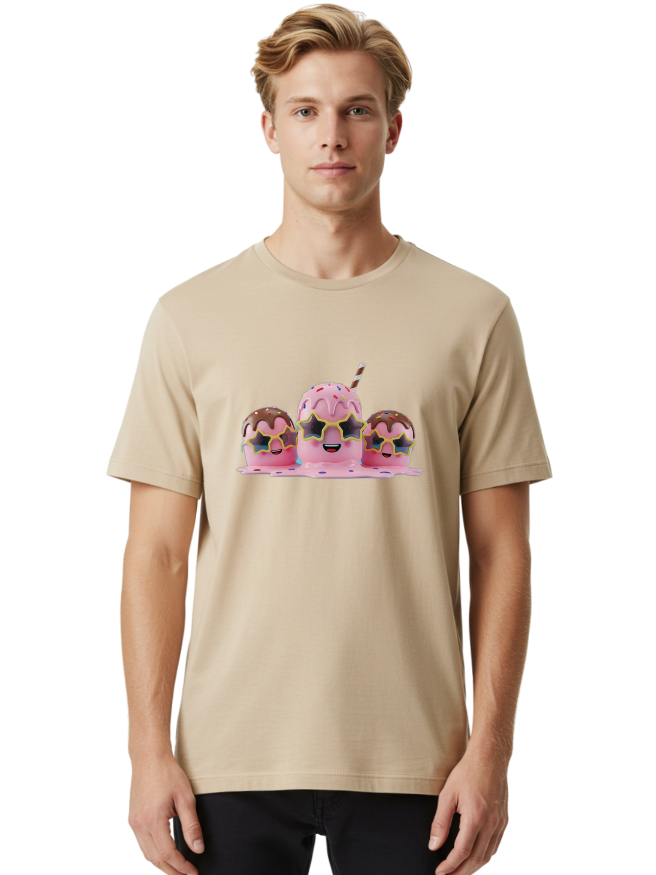 Pink-Milkshakes Men'S Graphic Tee, 100% Cotton, Comfortable Casual Summer Wear, Machine Washable, Pink Milkshake, Chocolate Topping, Colorful Sprinkles, Kawaii Characters, Melted Ice Cream, Fun Design, Sweet Treats, Dessert Lovers, Bab191